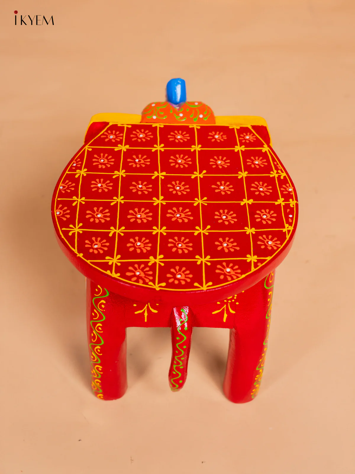 Hand-Painted Wooden Elephant Stool - Red - 8 Inches - KK05125 - Image 4