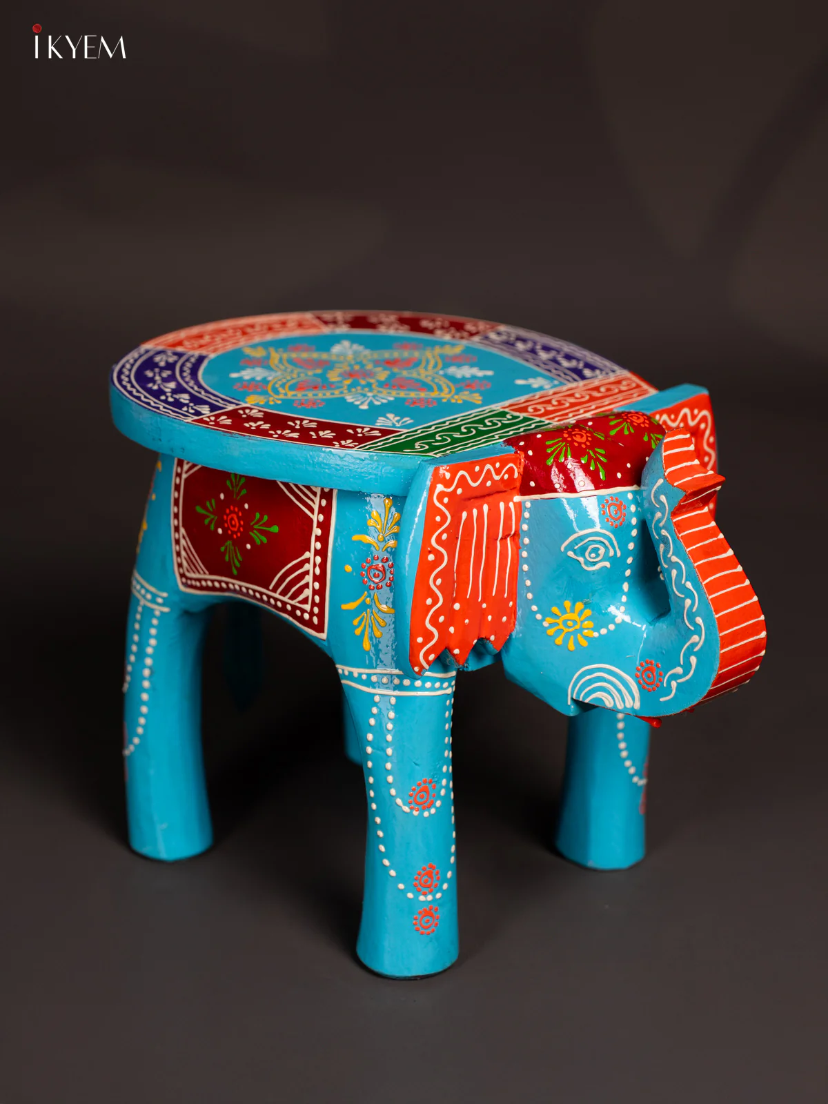 Hand-Painted Wooden Elephant Stool - Sky Blue - 8 Inches - KK05126 - Image 3