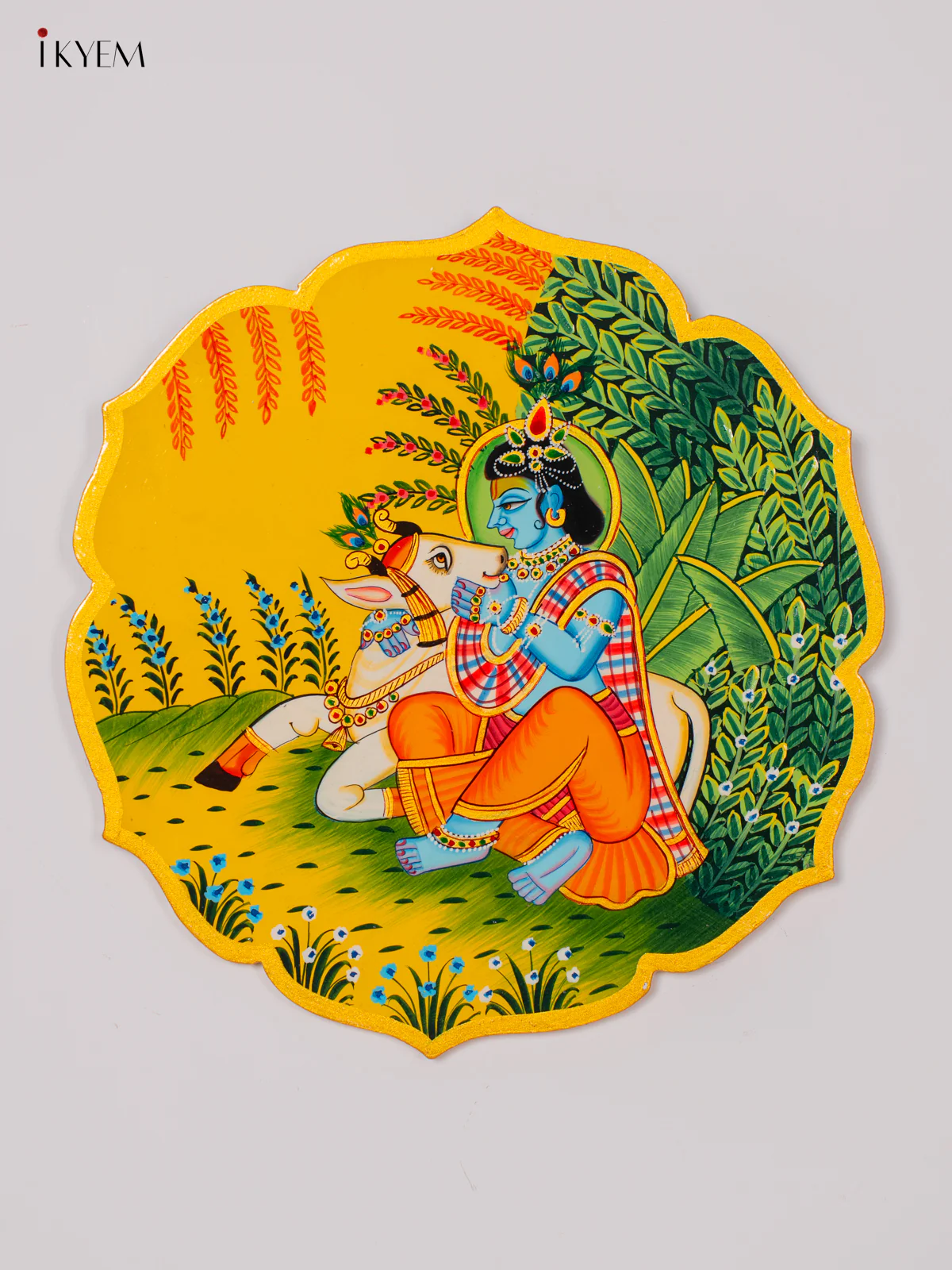Hand-Painted Wooden Krishna & Cow Wall Hanging Plate - 10 Inch - KK05127