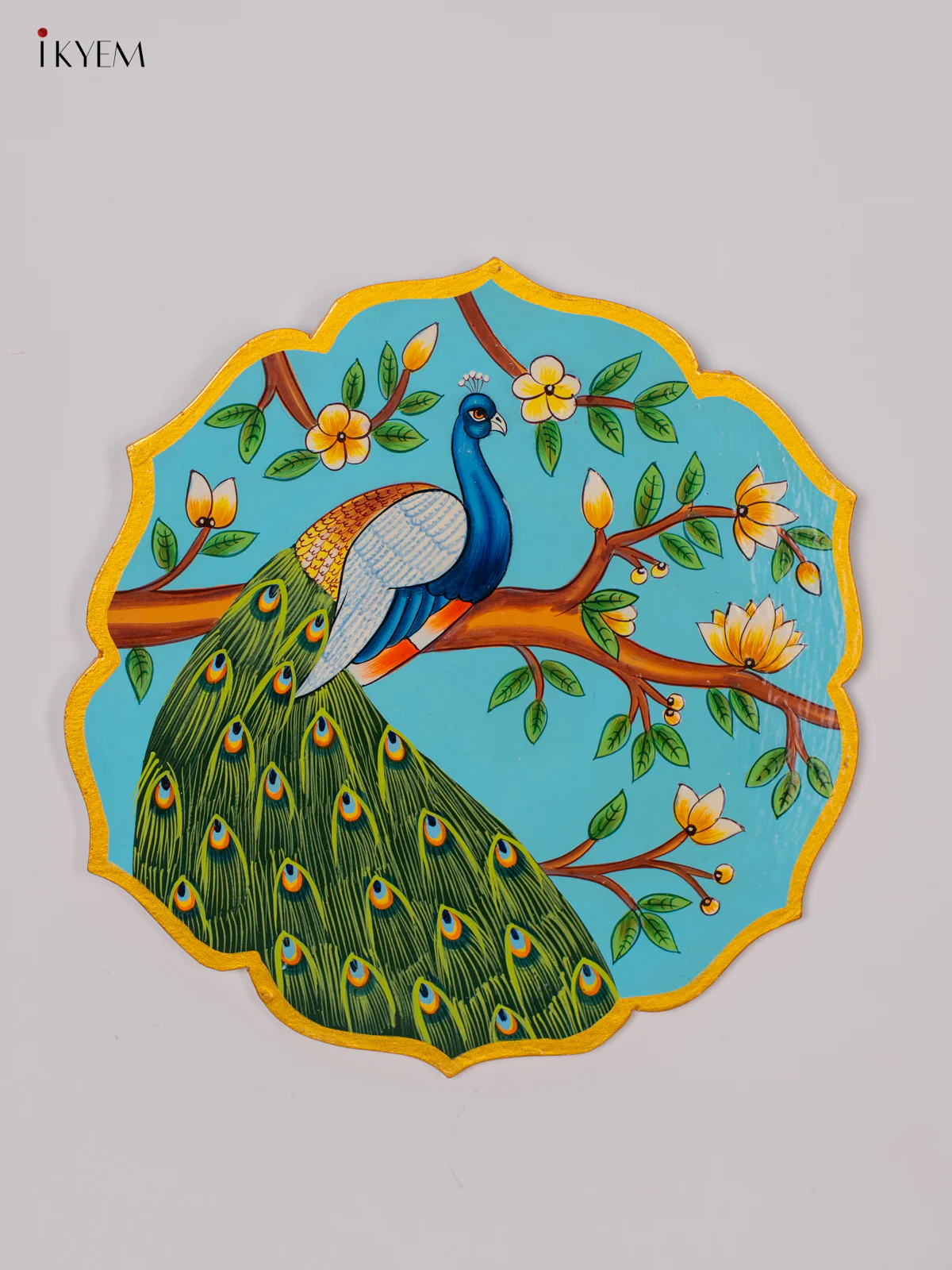 Hand-Painted Wooden Peacock Wall Hanging Plates - Sky Blue - 10 Inch - KK05136