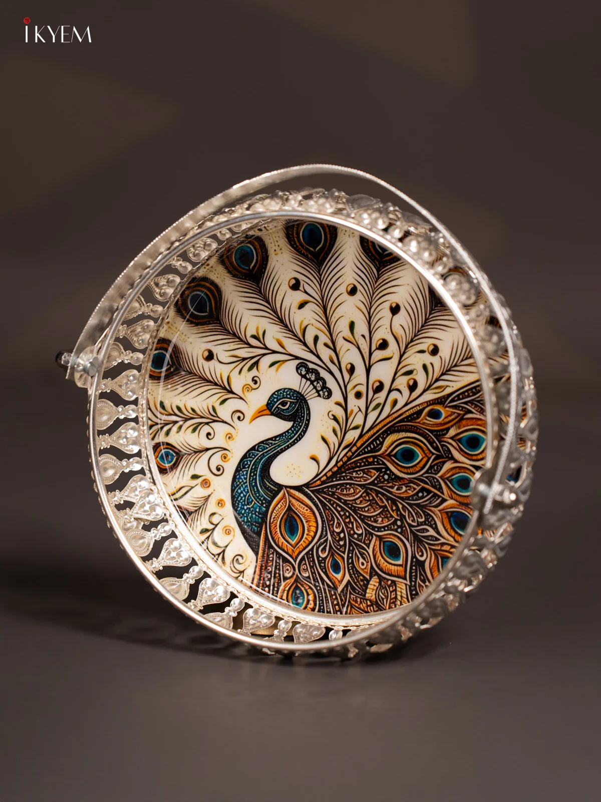 Peacock Digital Printed German Silver Tray With Handle - Beige - 6 Inch - KK06111 - Image 3