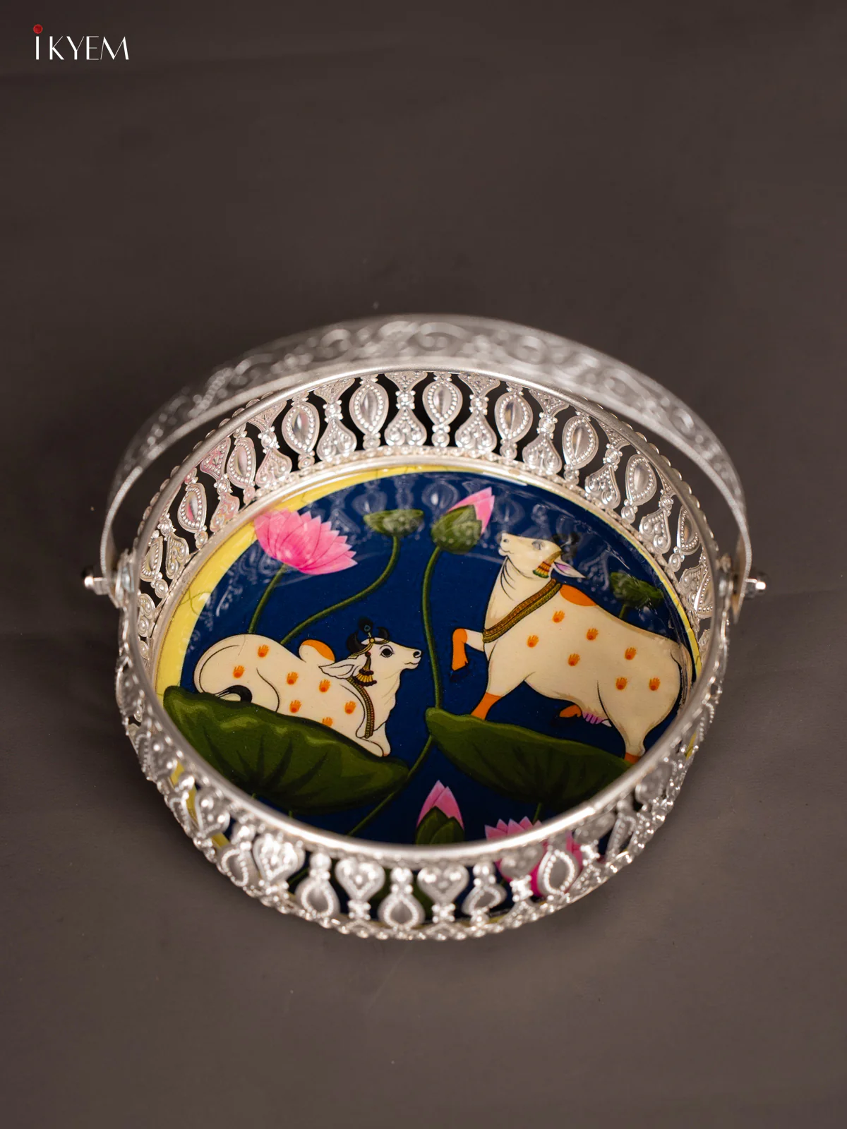 Dual Cow Digital Printed German Silver Tray With Handle - Blue - 6 Inch - KK06112 - Image 4
