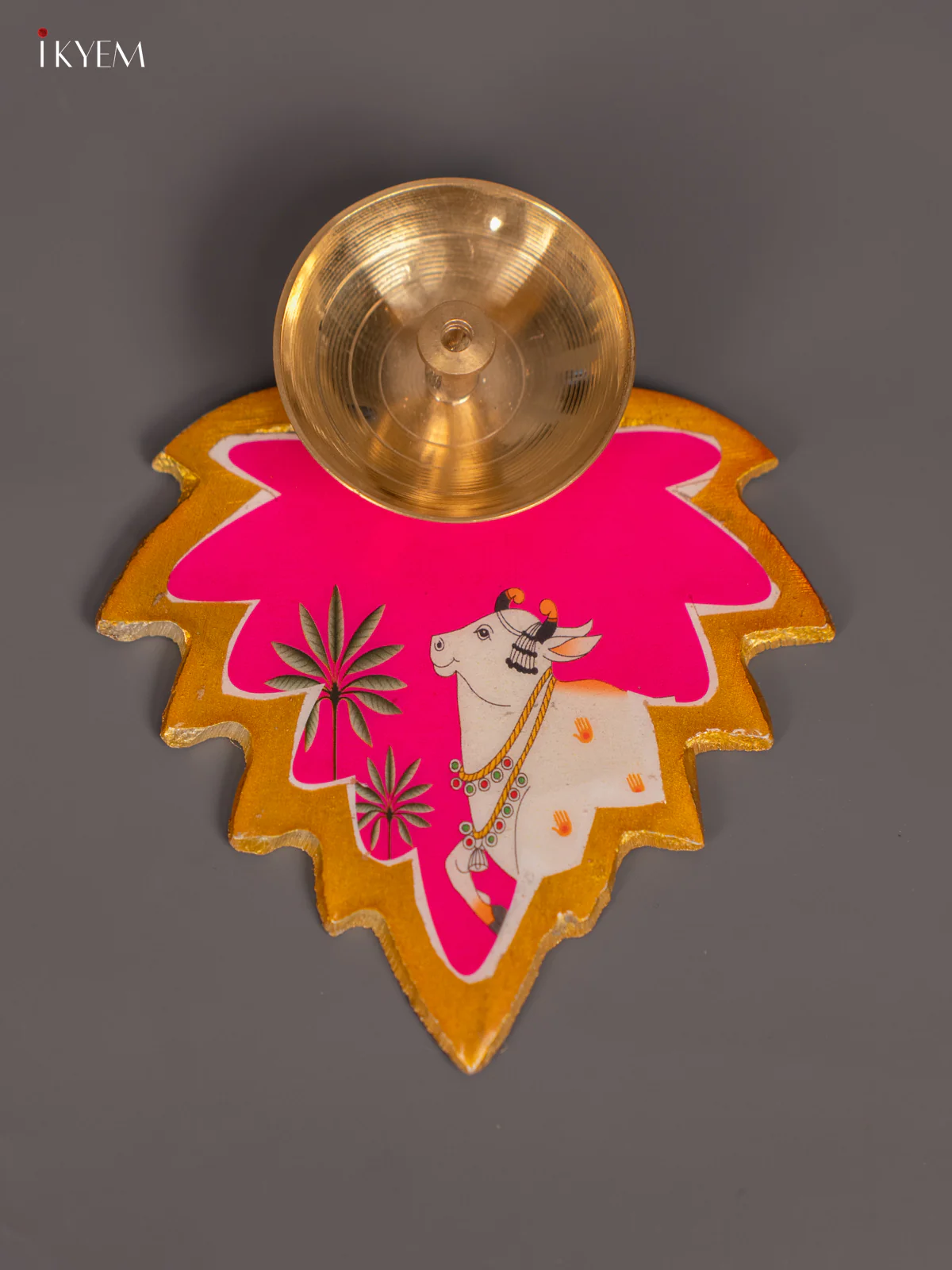 Leaf-Shaped Diya Holder with Cow - Pink - KK06127