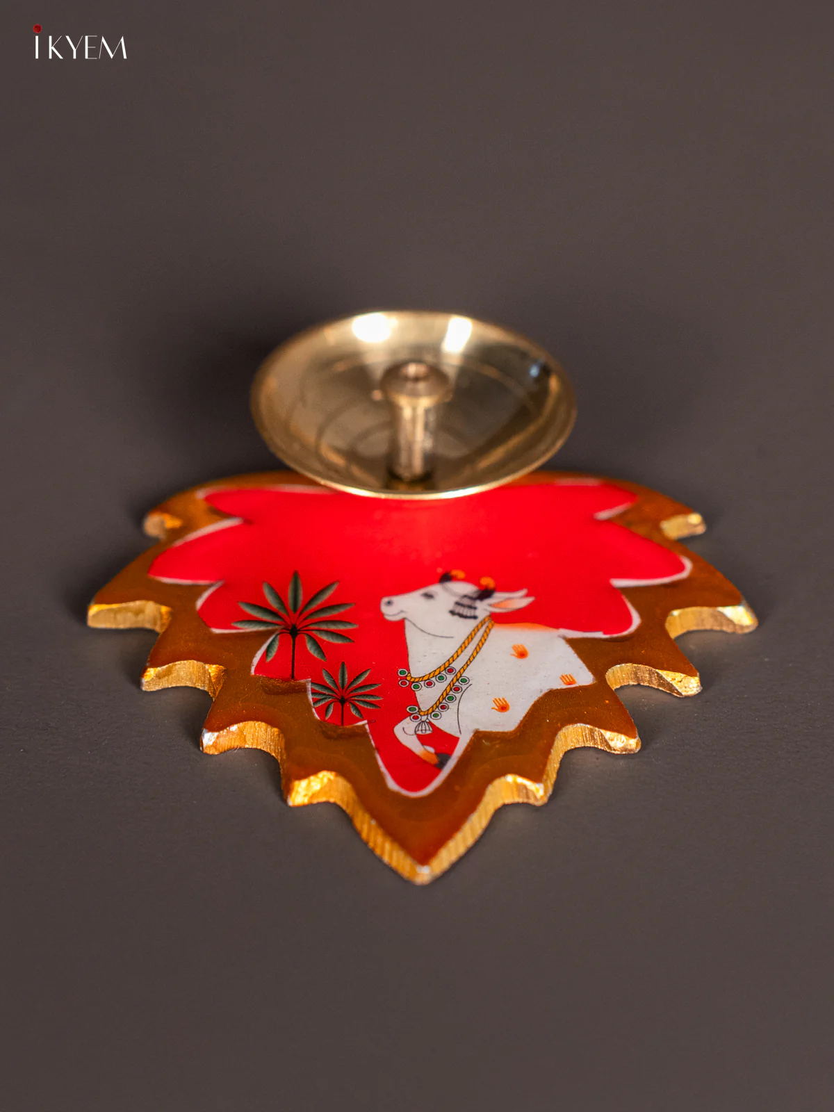 Leaf-Shaped Diya Holder with Cow – Red - KK06129 - Image 2