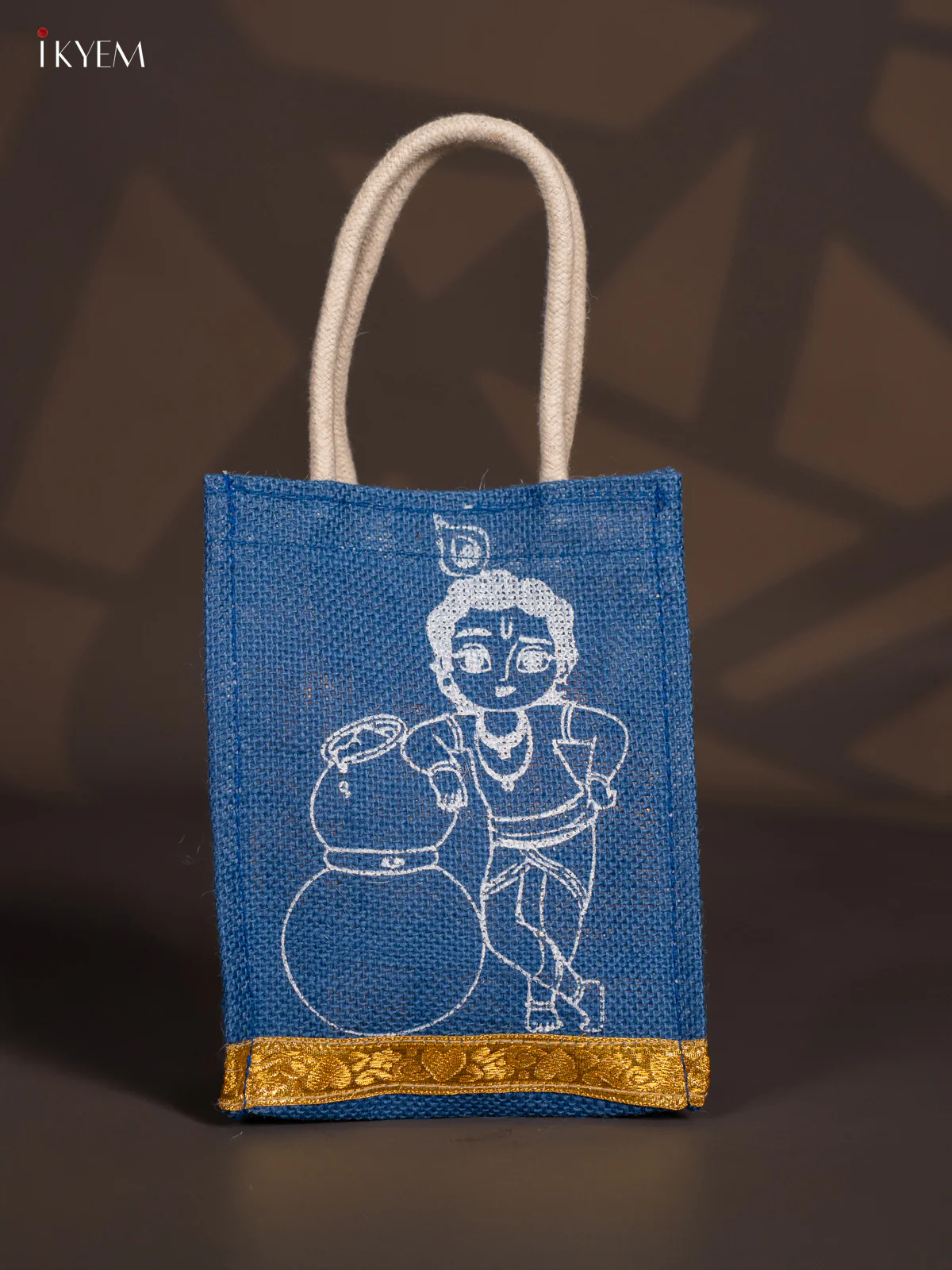 Elegant Krishna Printed Ink Blue Jute Bags - 8 Inch - KK15111