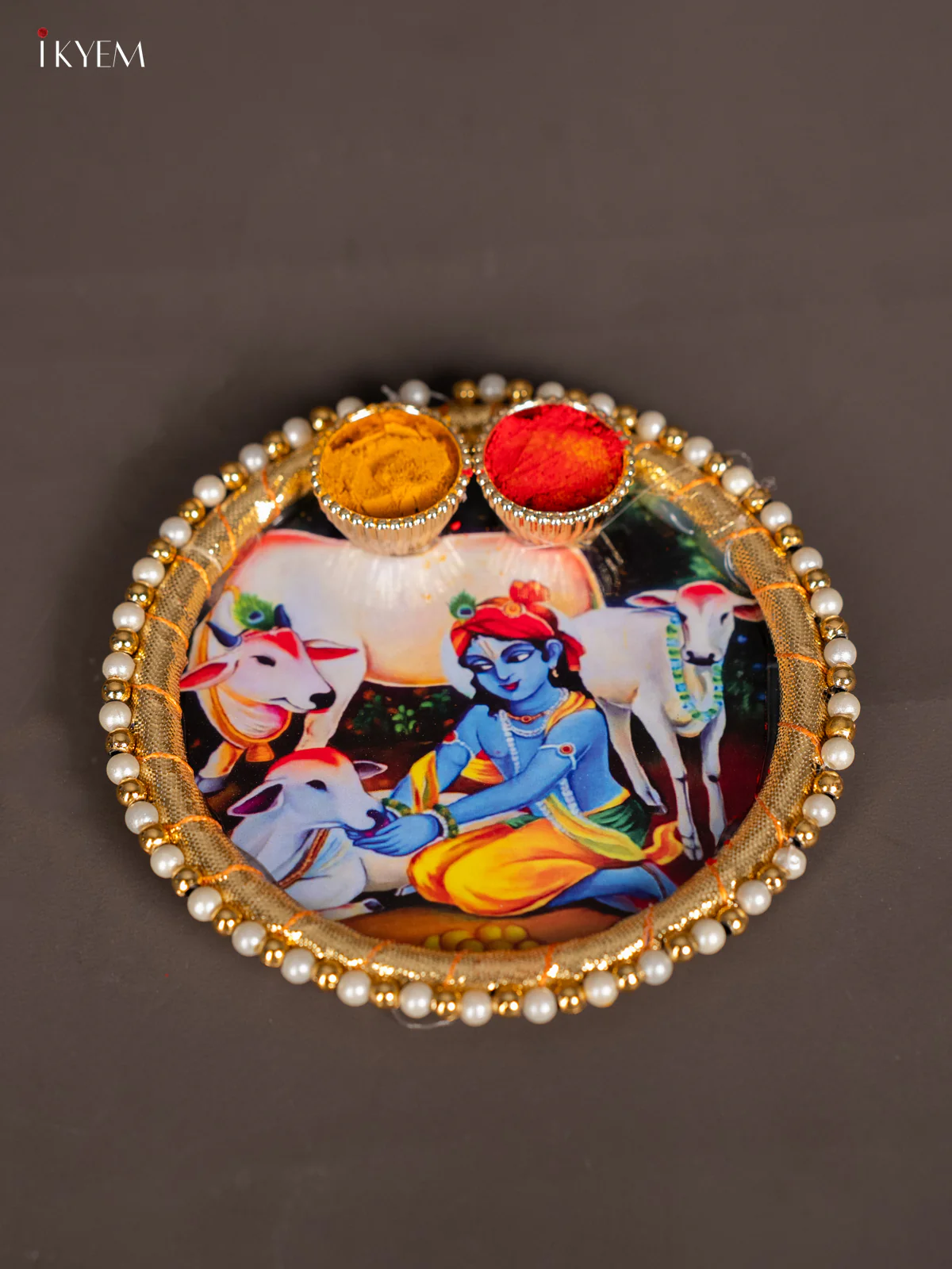 Divine Krishna Plate with Cow & Calf Haldi Kumkum Holder - 4.5 Inch - KK17116