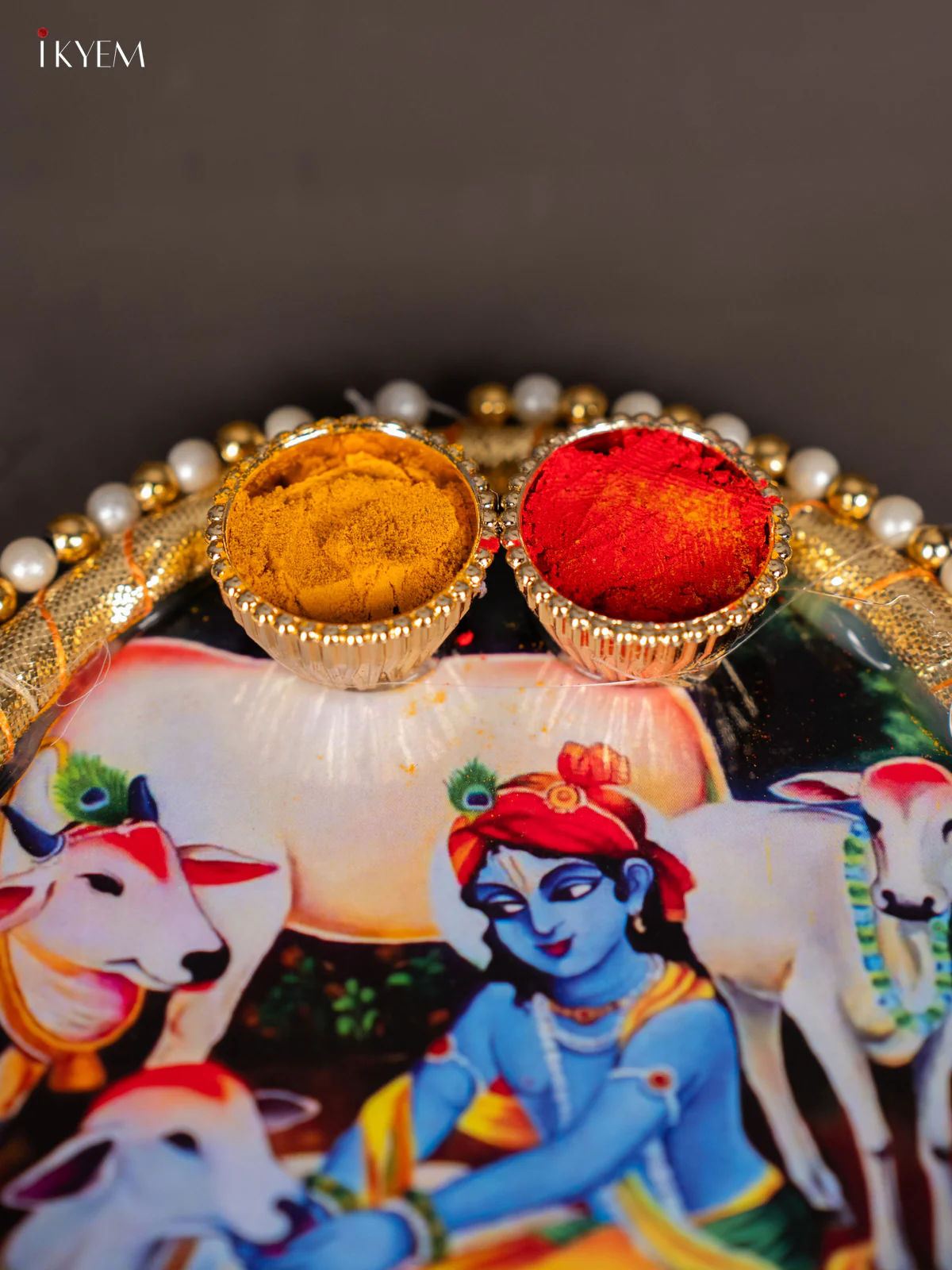 Divine Krishna Plate with Cow & Calf Haldi Kumkum Holder - 4.5 Inch - KK17116 - Image 2