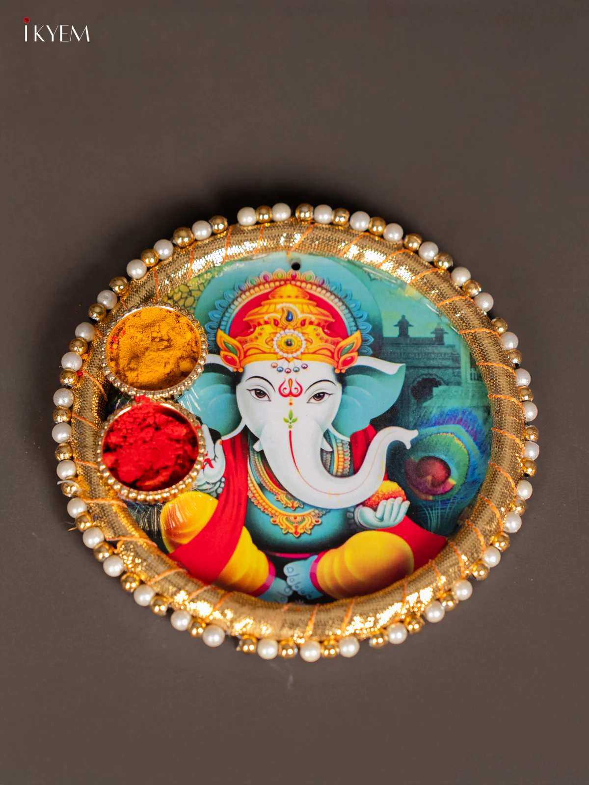 Ganesha Pooja Plate with Haldi Kumkum Holder – 4.5 Inch - KK17121
