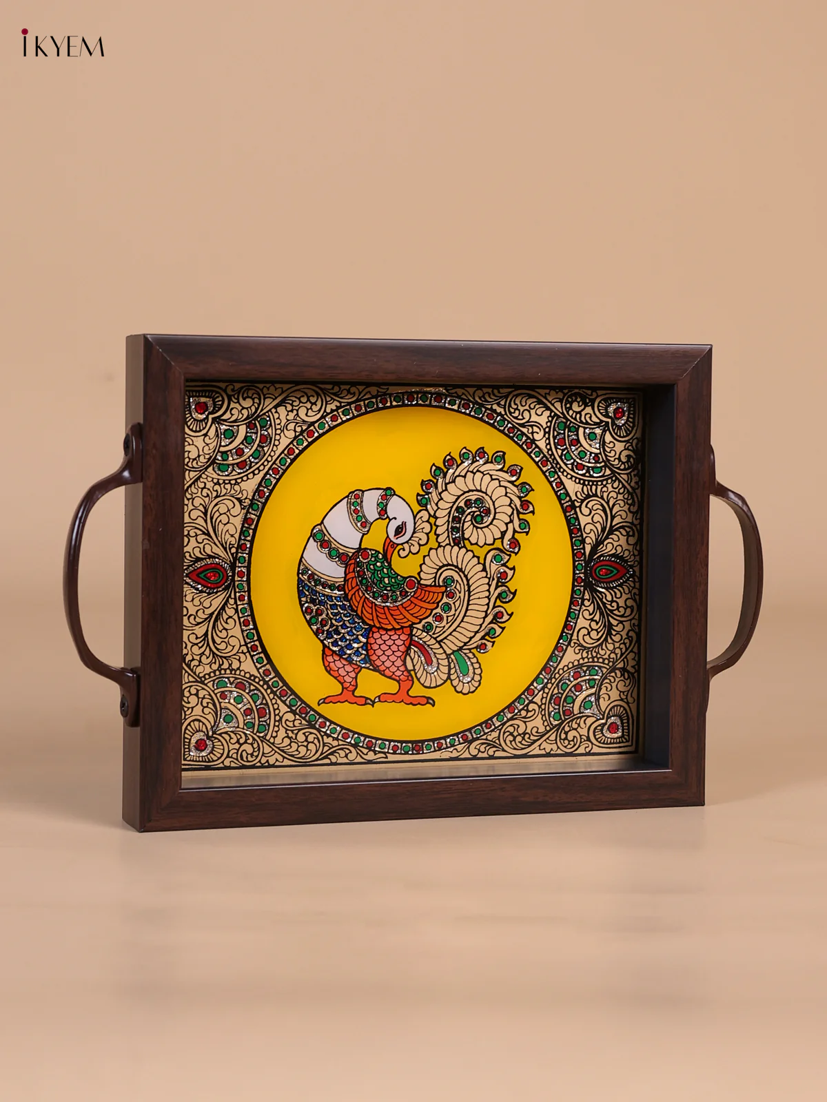 Reverse Glass Painted Tray (9x7) - Peacock - Yellow - KK22115 - Image 3