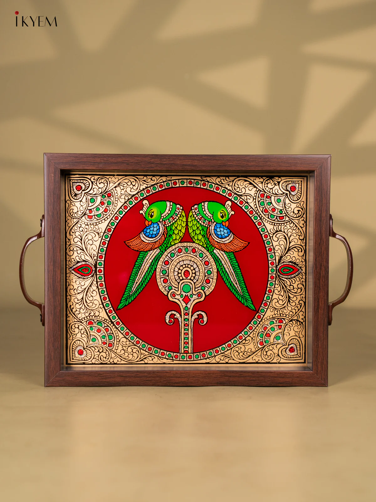 Reverse Glass Painted Tray (11x9) - Parrot - Maroon - KK22117