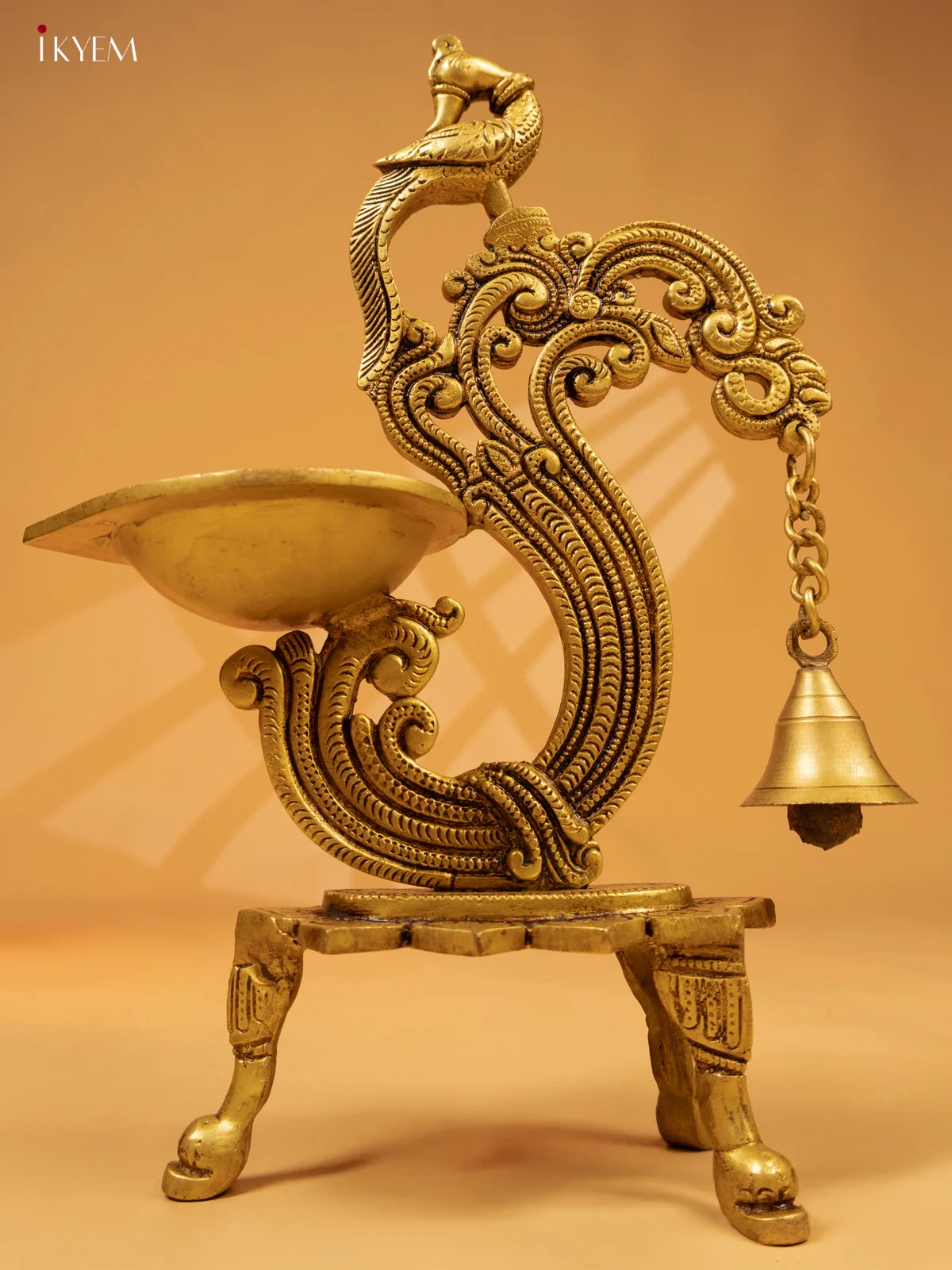 Brass Peacock Diya with Chowki & Bells -12.2 Inch- KK26162 - Image 5