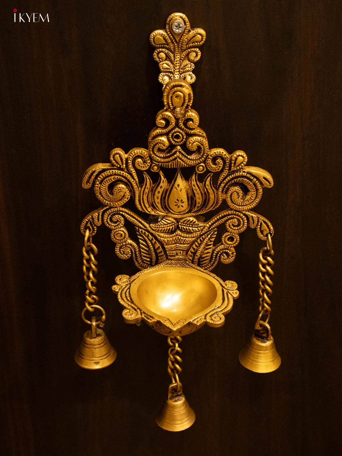 Brass Lotus Wall Hanging Diya with Bells - 12.3 Inch - KK26186 - Image 2