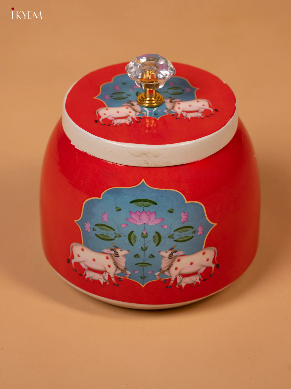 Metal Pichwai Printed Nut Box - Red - KK26238 - Image 3