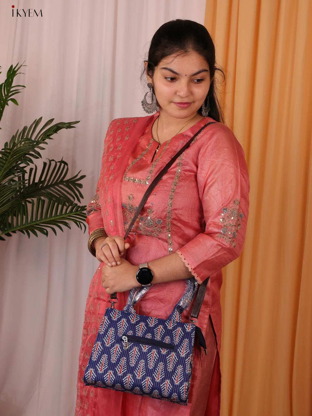 Printed Handbag with Sling - Indigo & White - KL20128
