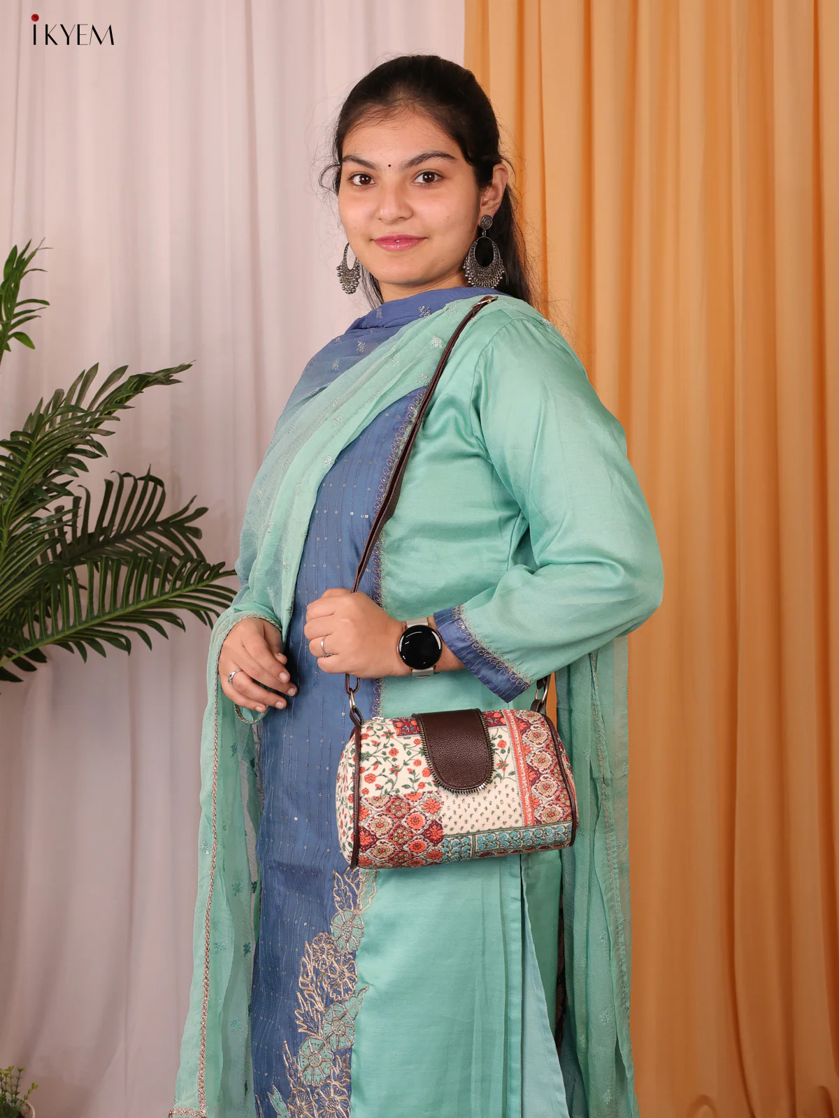 Printed Sling bag with Leather Flap - Cream - KL20134