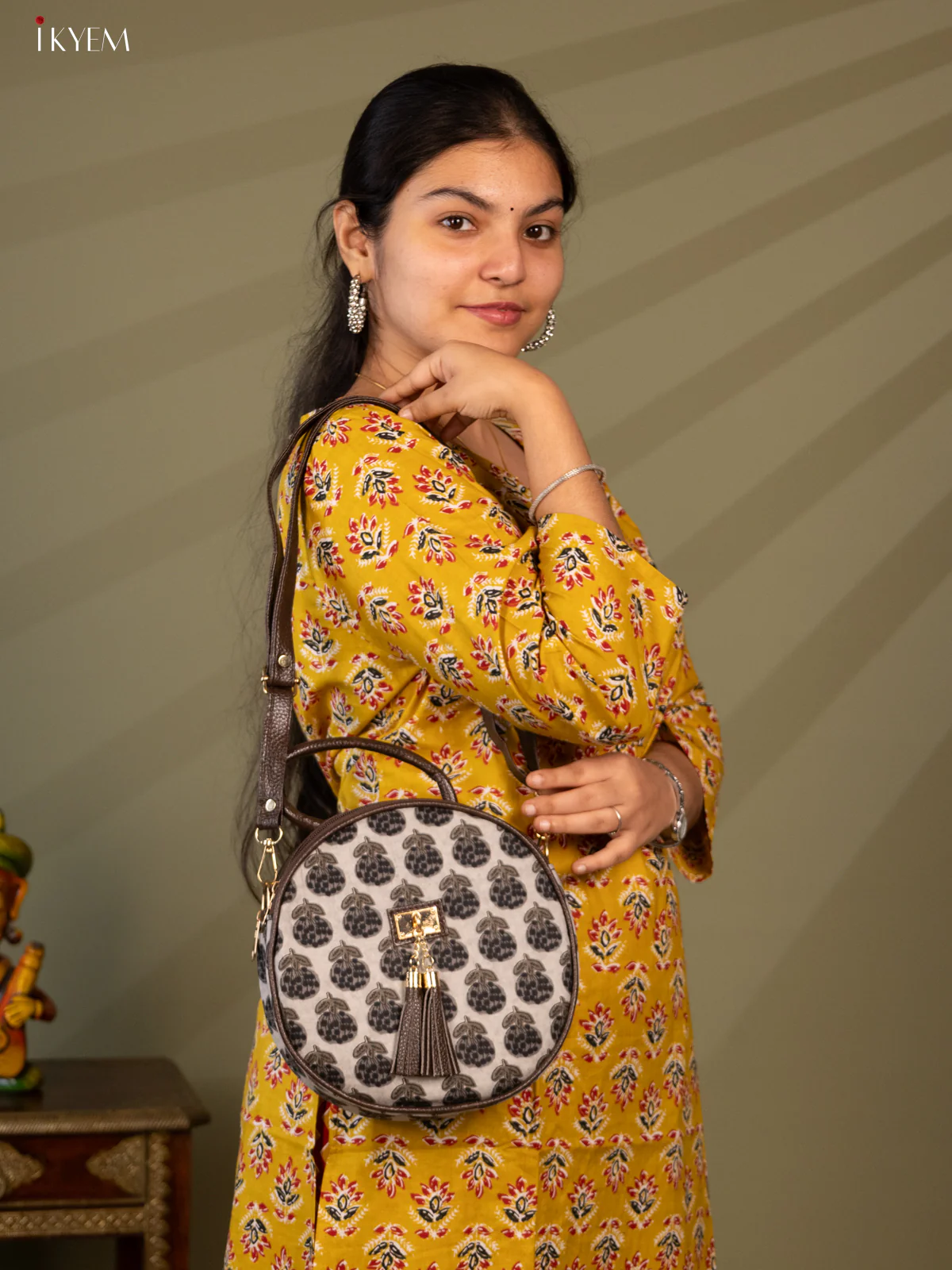 Printed Round Sling Bag - Ajrakh - KL20154