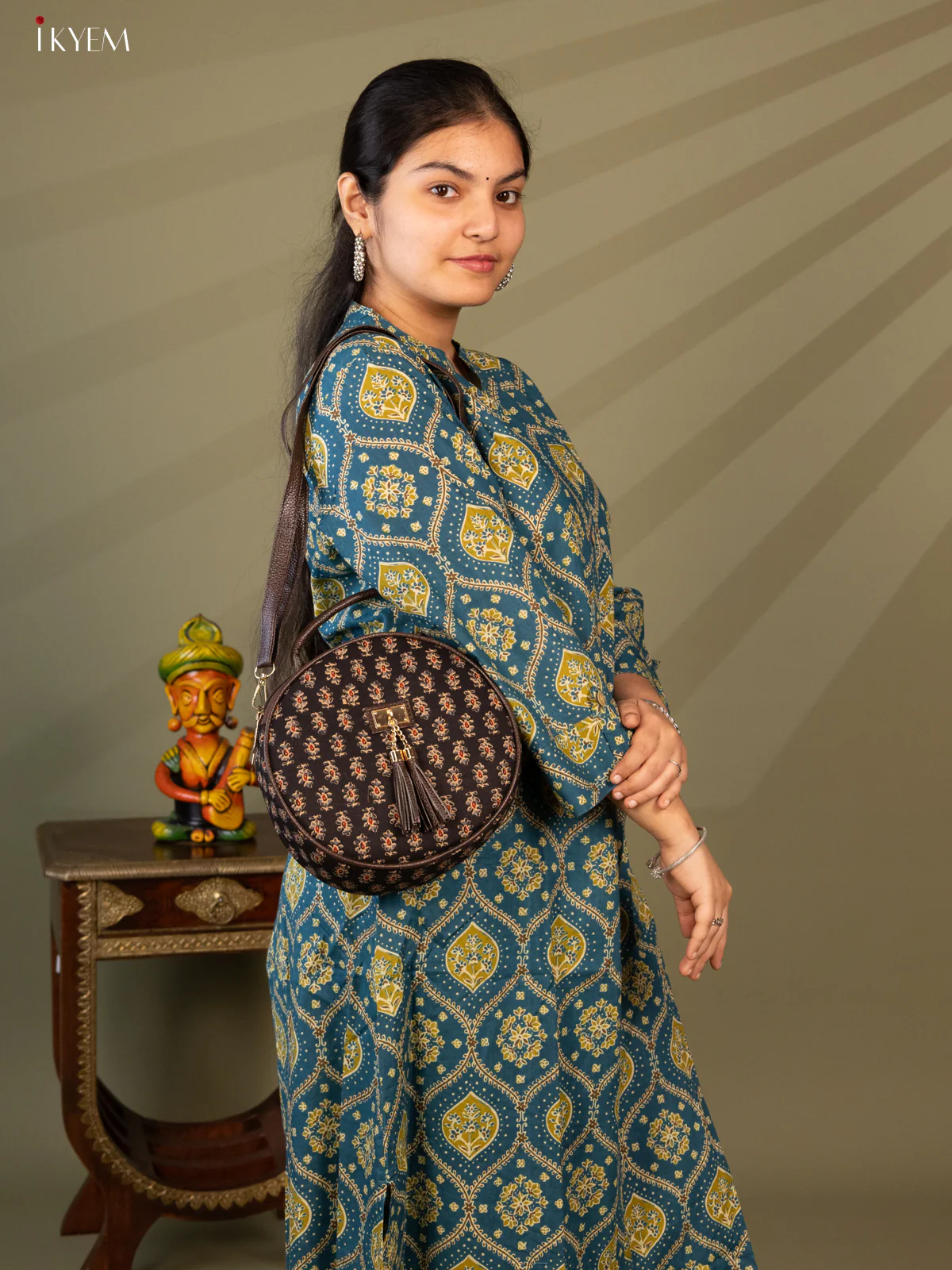 Printed Round Sling Bag - Ajrakh - KL20155