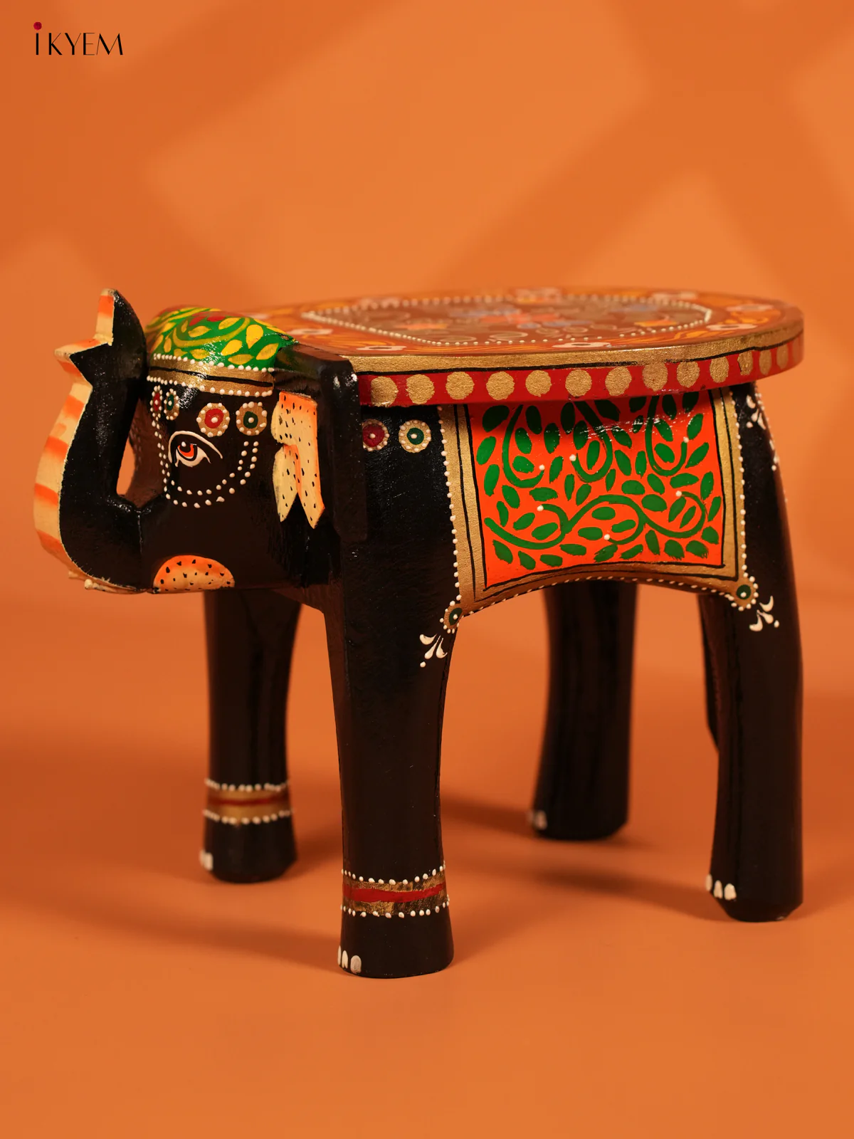 Hand Painted Wooden Elephant Stool - Distressed Black - 8inch - KL30115
