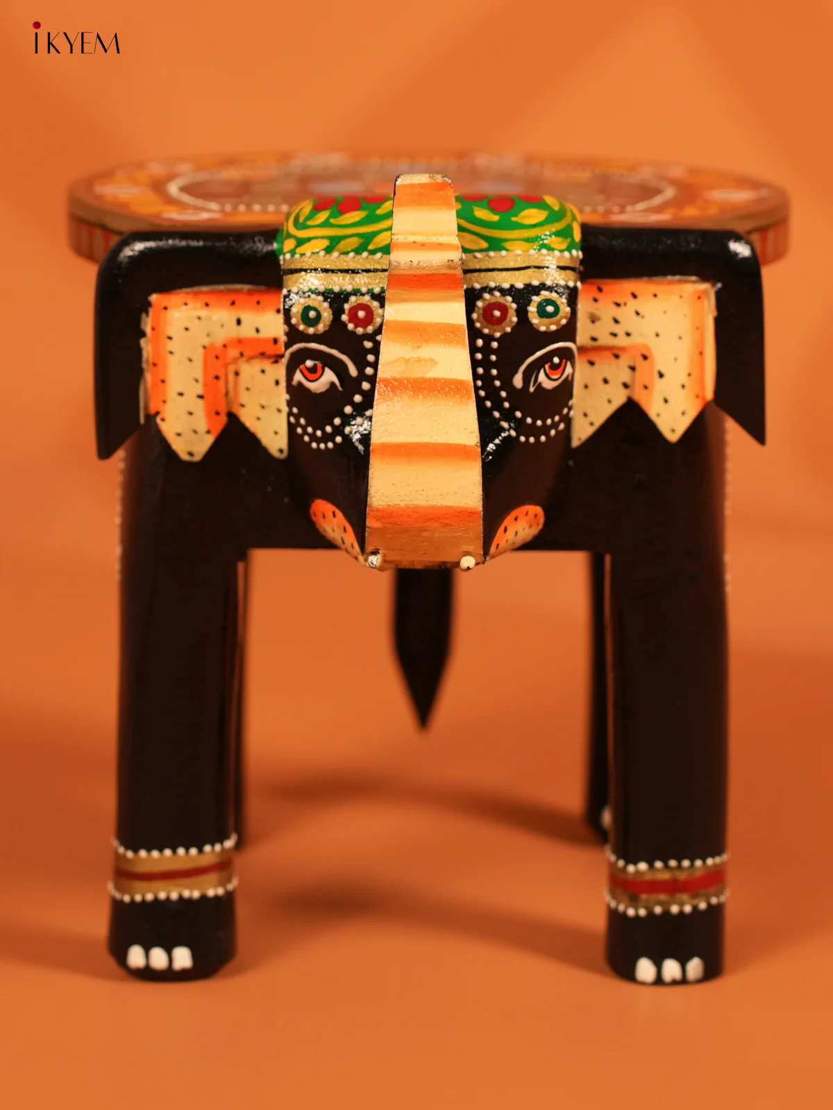Hand Painted Wooden Elephant Stool - Distressed Black - 8inch - KL30115 - Image 4