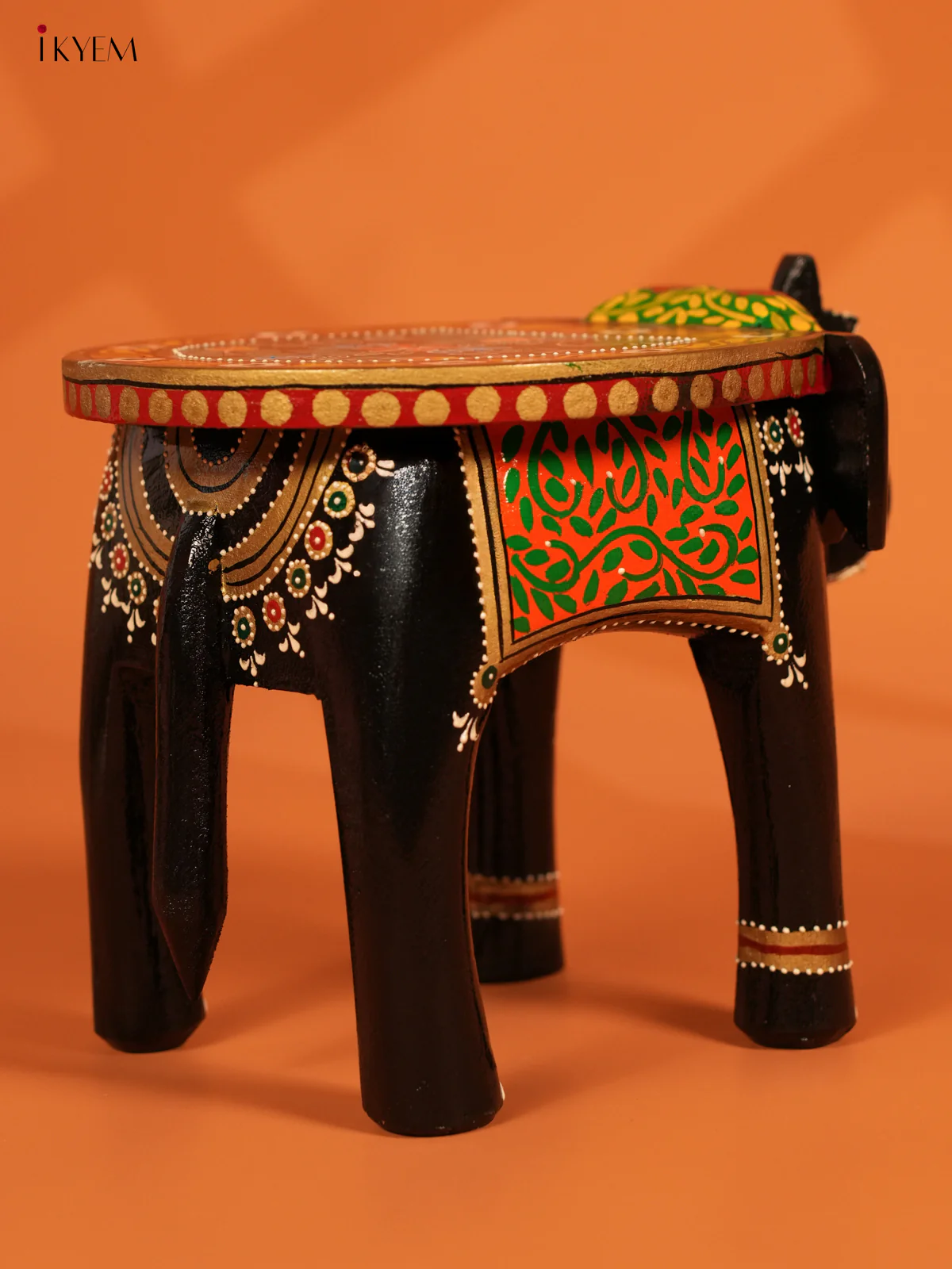 Hand Painted Wooden Elephant Stool - Distressed Black - 8inch - KL30115 - Image 5