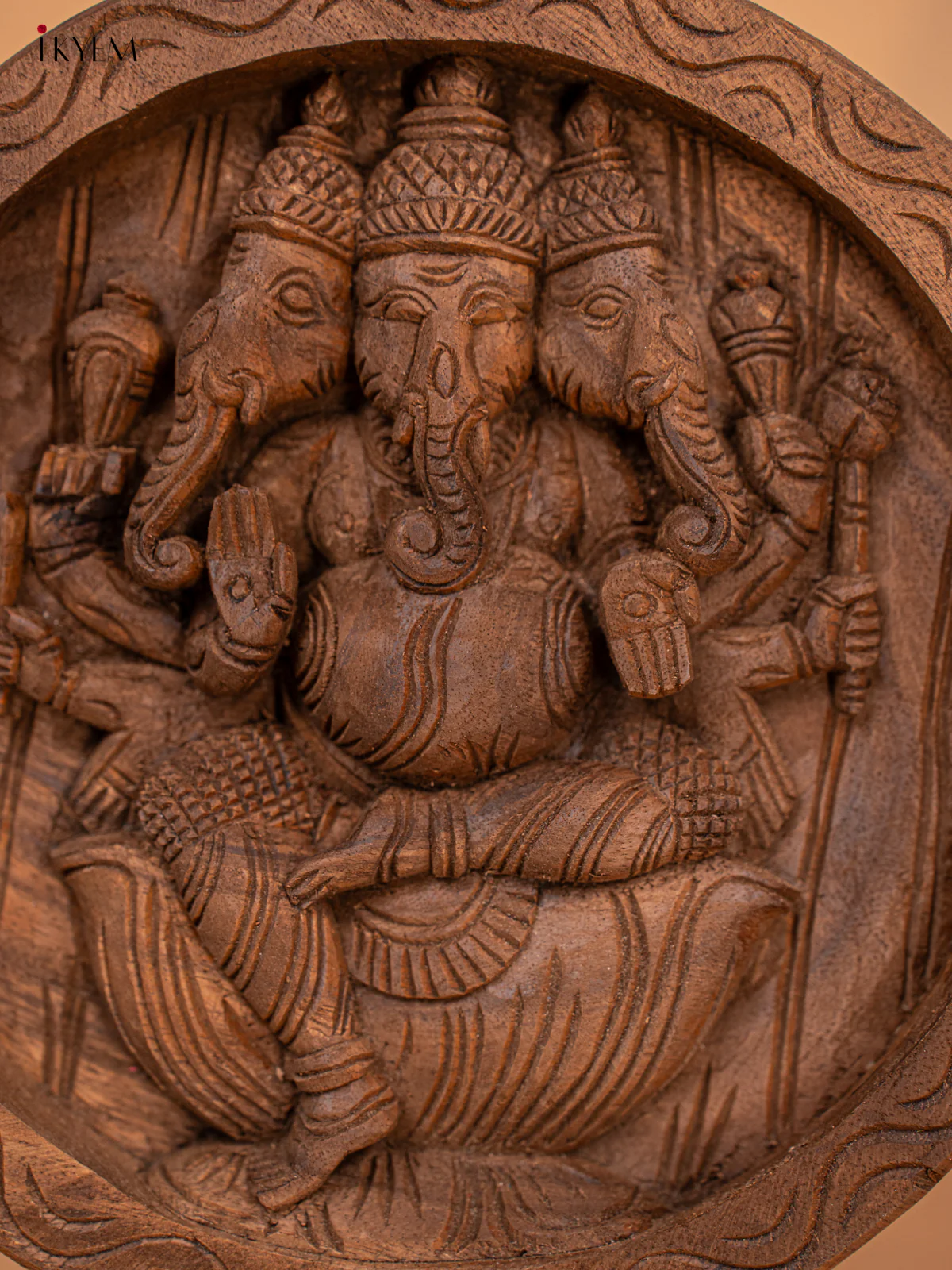 Wooden Hand Carved Trimukha Ganapati (17*17)- KM04112 - Image 2