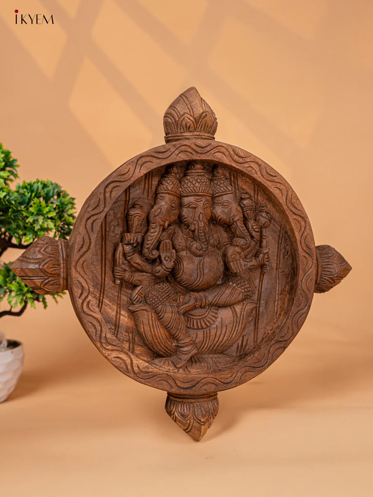Wooden Hand Carved Trimukha Ganapati (17*17)- KM04112 - Image 3
