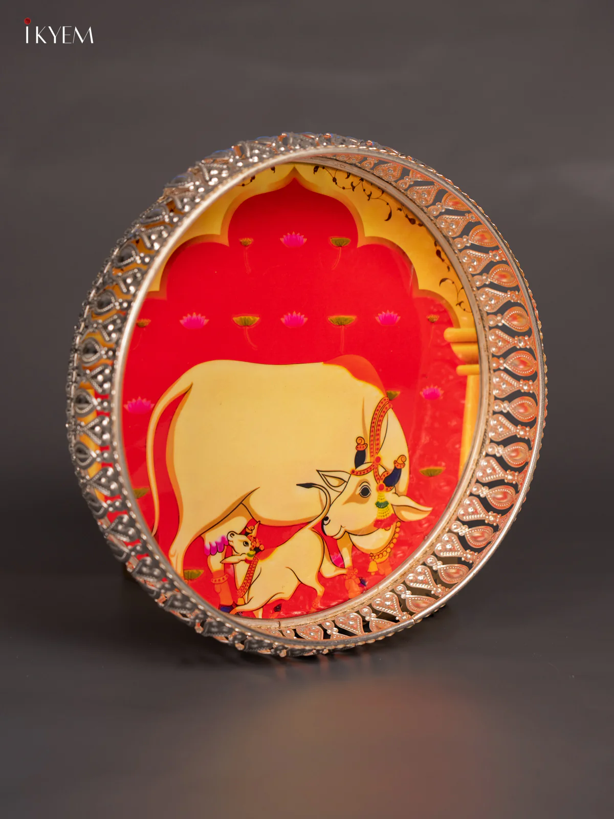 Cow & Calf Digital Printed German Silver Tray - Orange - 8 Inch - KN02111 - Image 2