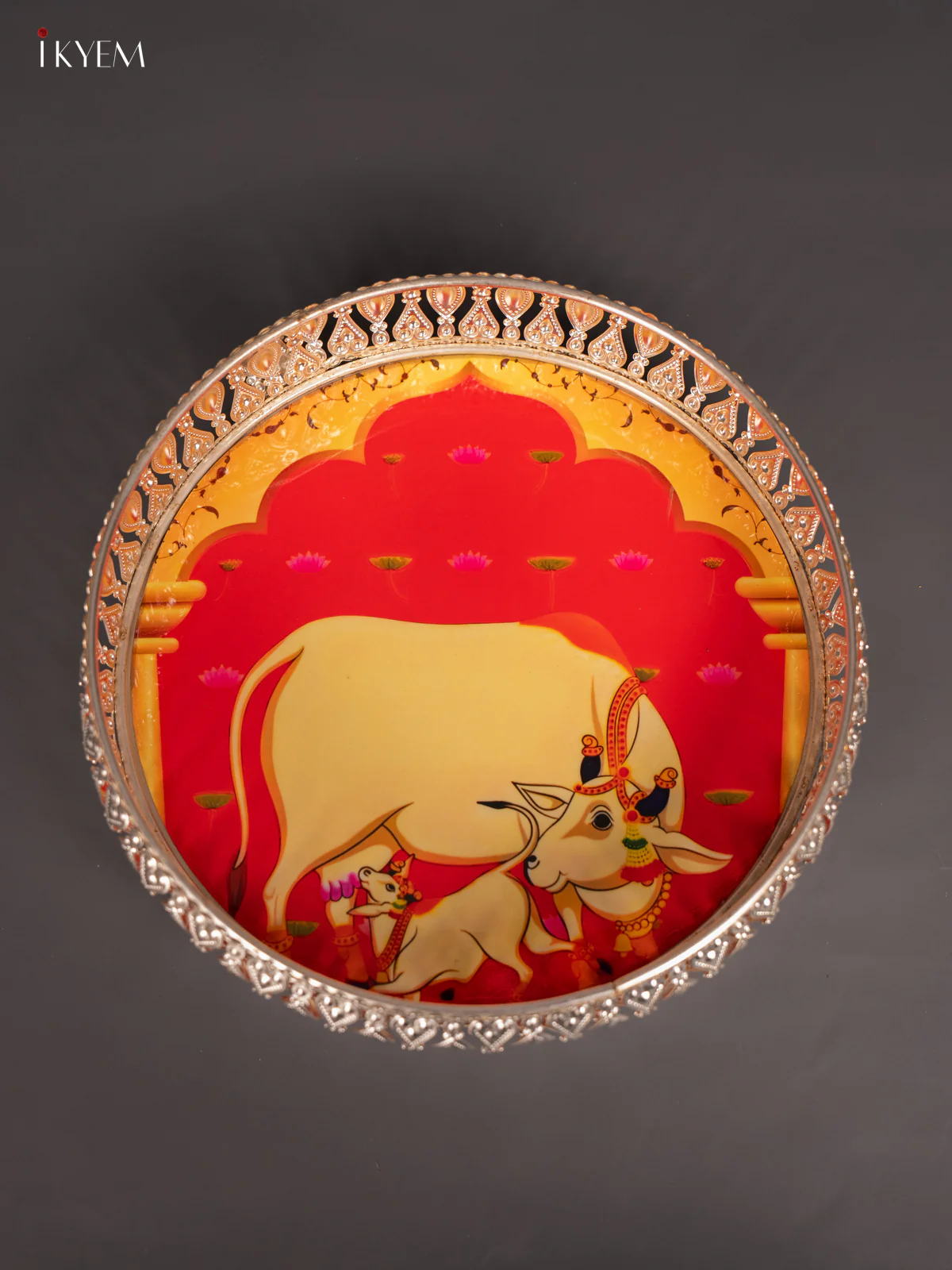 Cow & Calf Digital Printed German Silver Tray - Orange - 8 Inch - KN02111 - Image 3