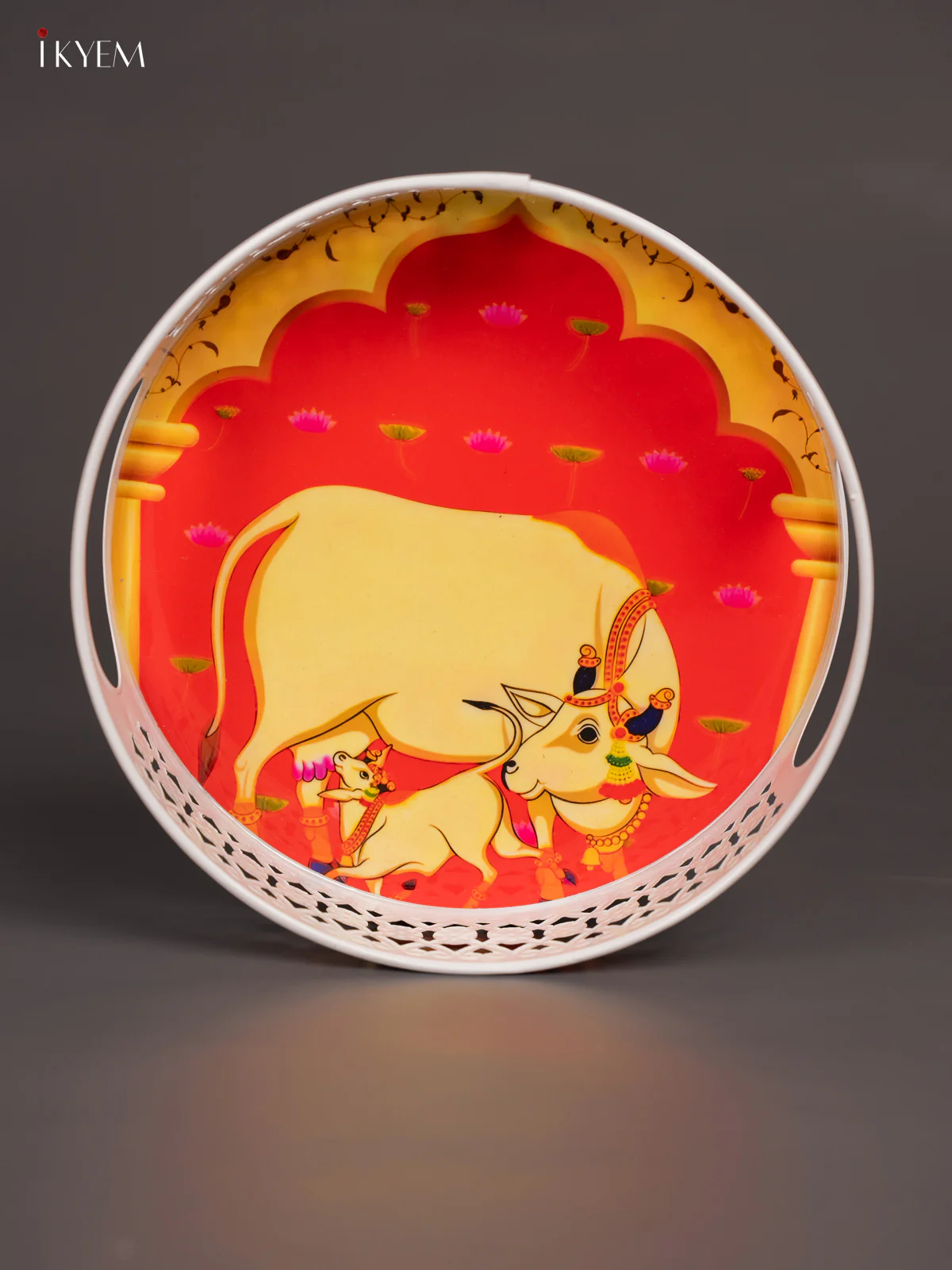 Cow & Calf Digital Printed White Metal Tray - Orange - 8 Inch - KN02112
