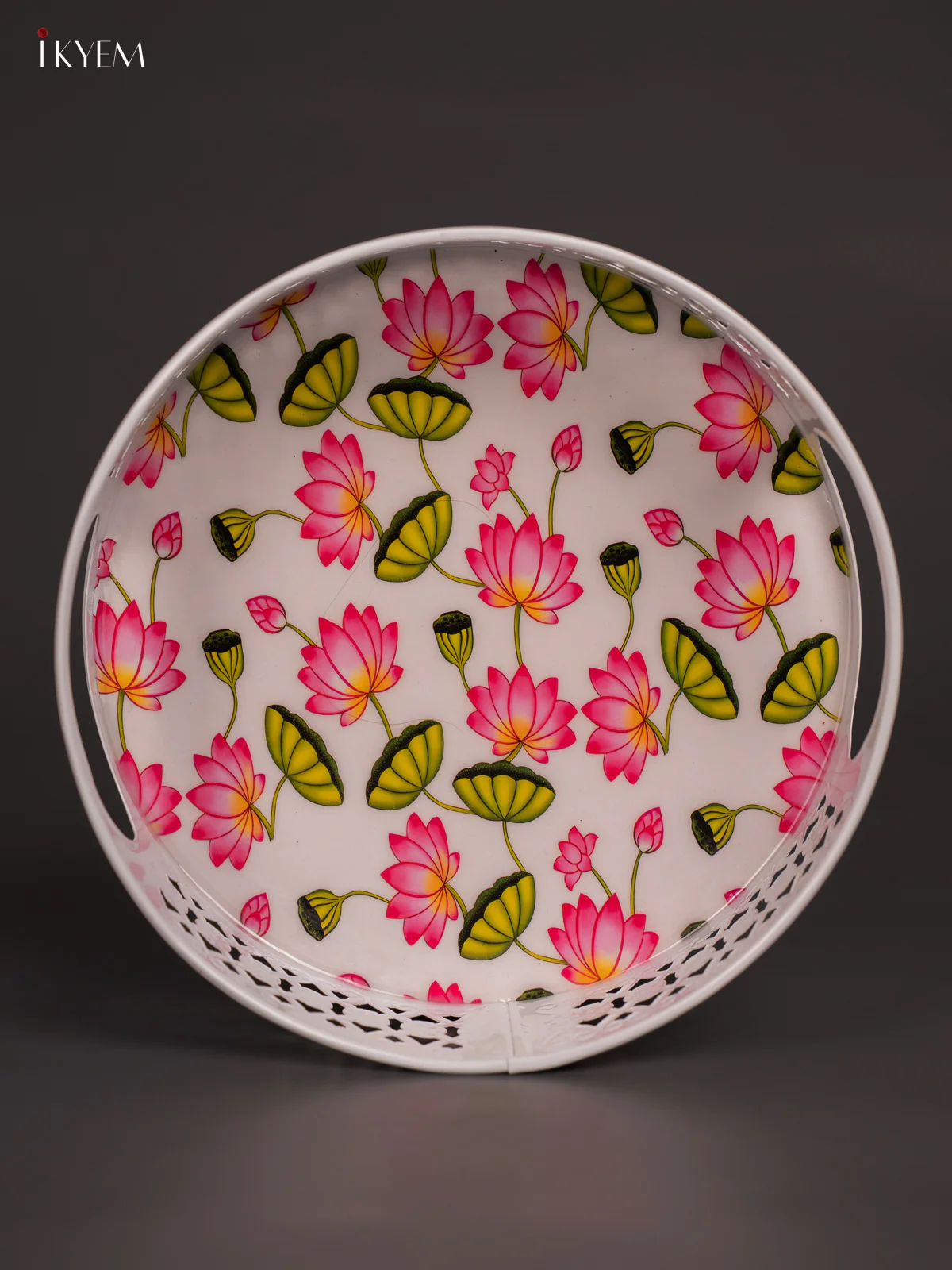 Lotus Digital Printed White Metal Tray - White - 8 Inch - KN02113