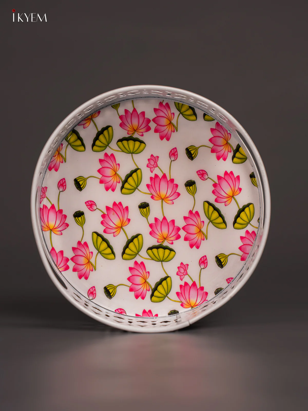 Lotus Digital Printed White Metal Tray - White - 6 Inch - KN02116