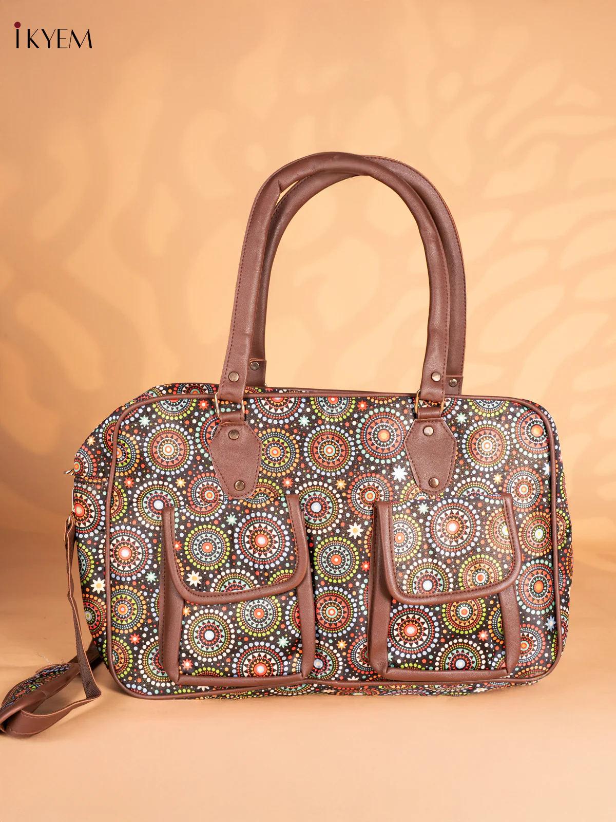 Aztec circles Printed Shoulder Bag with Detachable Strap - Black - KN05122