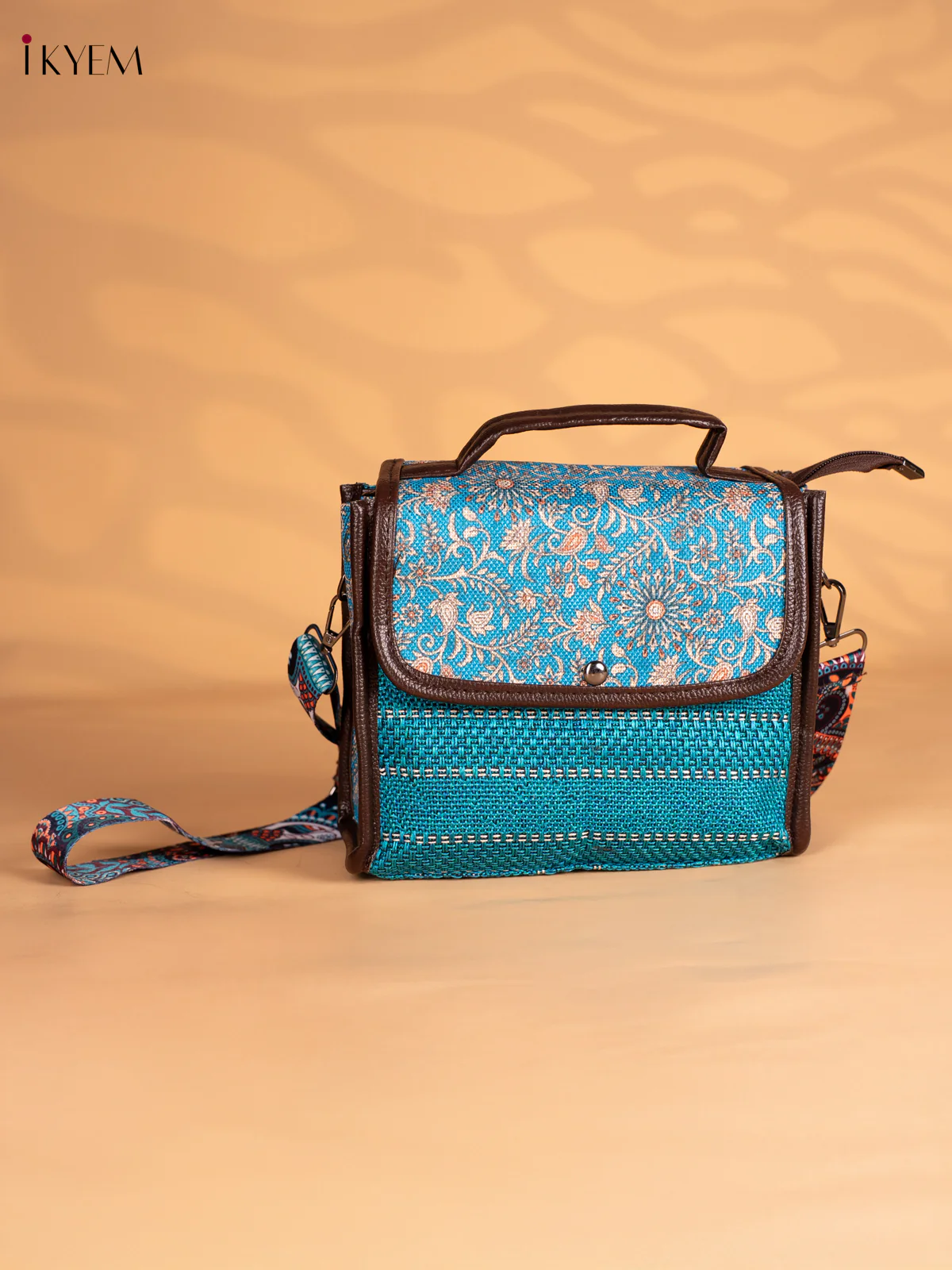 Floral Printed Flap Jacquard Sling Bag - Blue - 8 Inch - KN05126