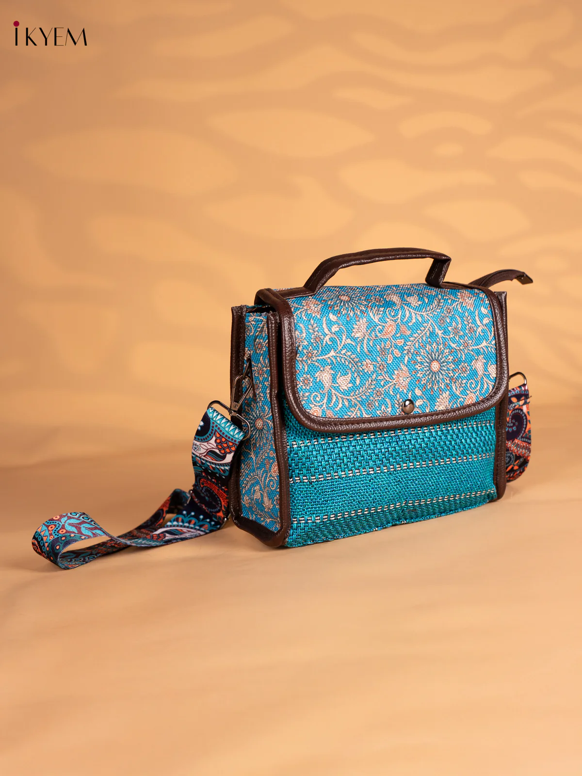 Floral Printed Flap Jacquard Sling Bag - Blue - 8 Inch - KN05126 - Image 2