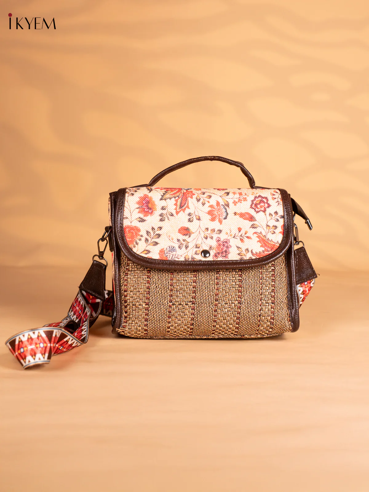 Floral Printed Flap Jacquard Sling Bag - Brown - 8 Inch - KN05135