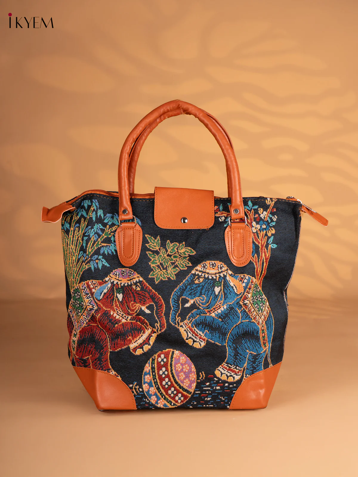 Dual Elephant Printed Tote Bag - Black - KN05159
