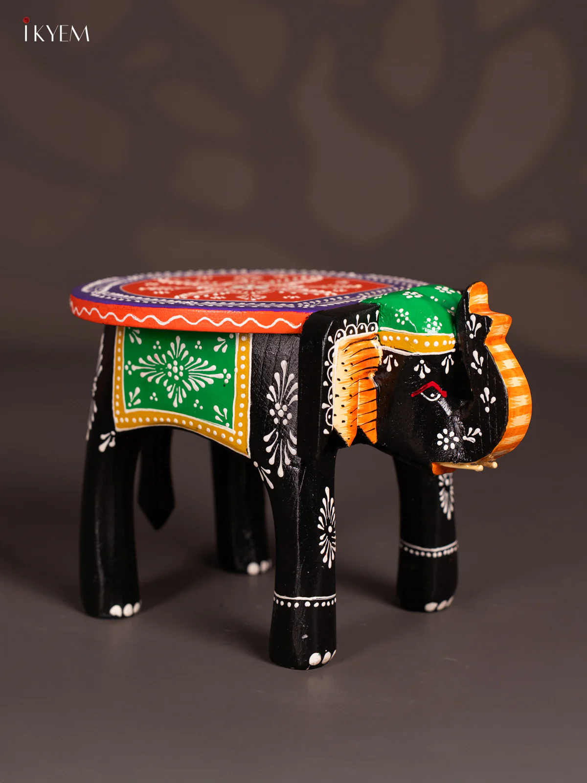 Hand-Painted Wooden Elephant Stool - Black - 6 Inches - KN06118