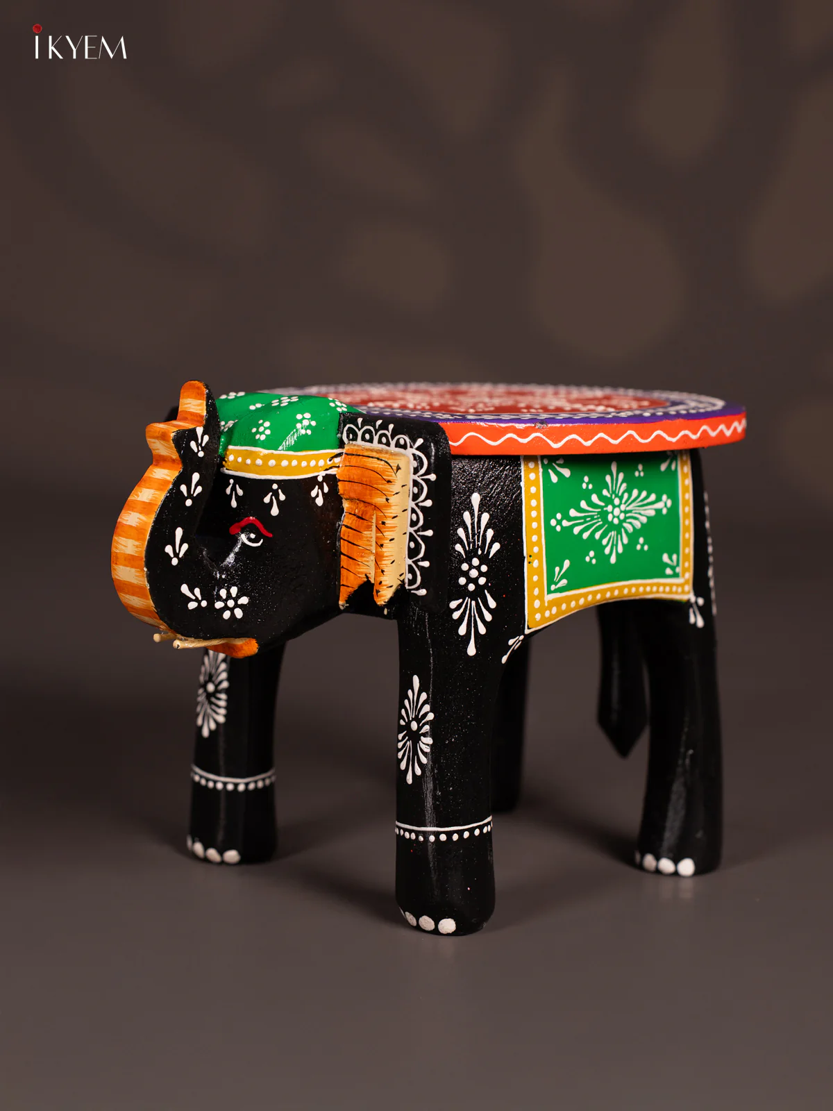 Hand-Painted Wooden Elephant Stool - Black - 6 Inches - KN06118 - Image 3