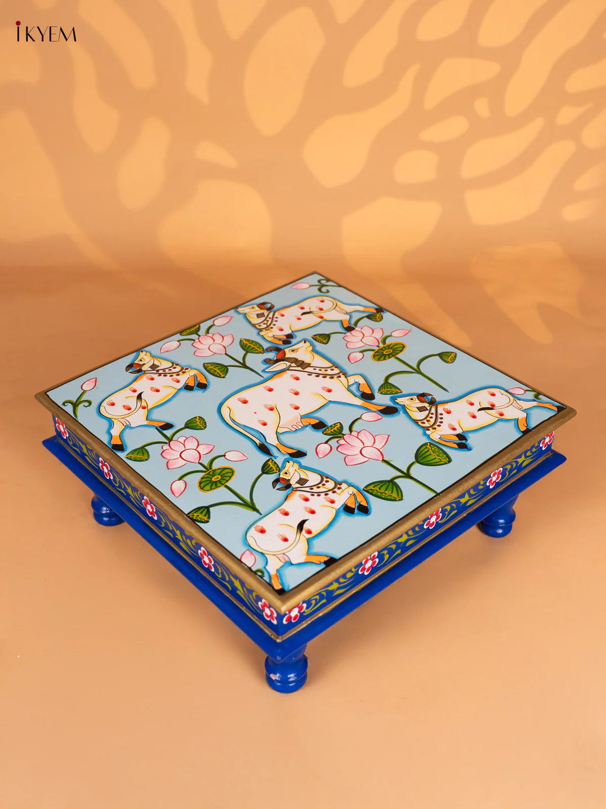 Pichwai Cow Hand-Painted Wooden Bajot - Sky Blue - 15 Inches - KN15116