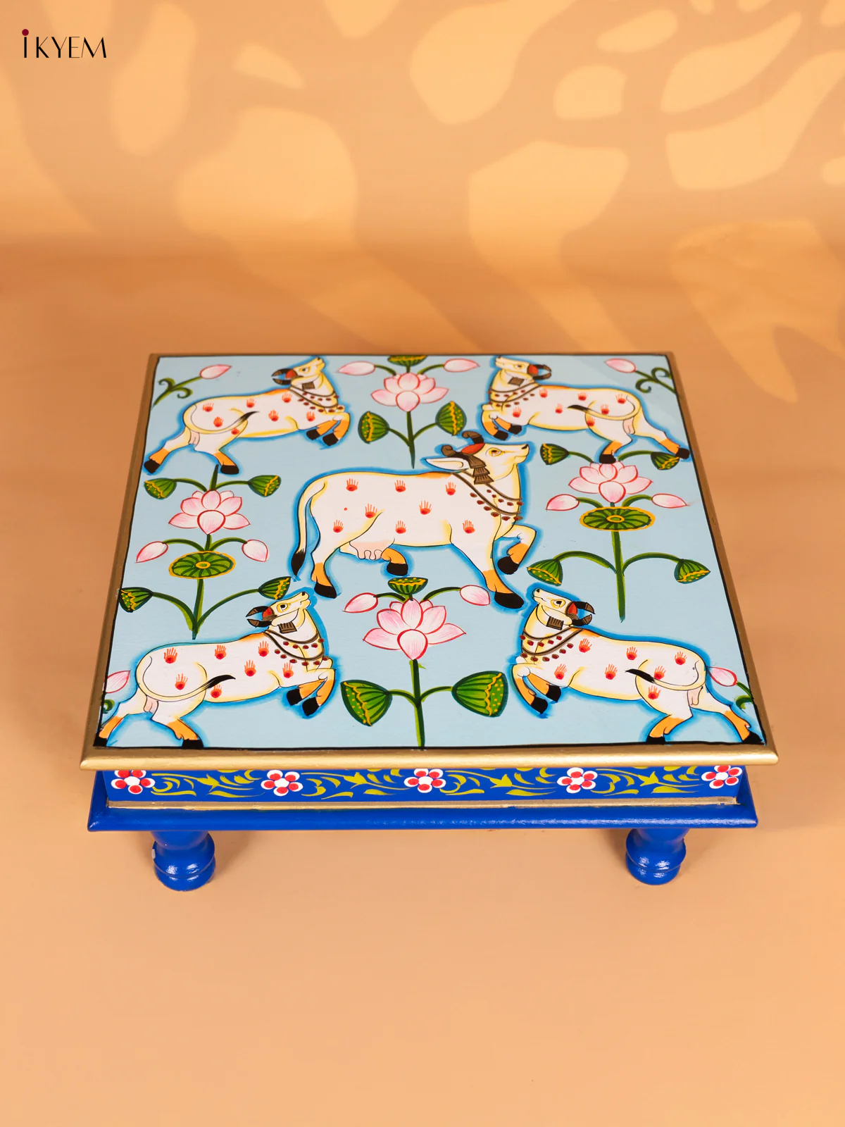 Pichwai Cow Hand-Painted Wooden Bajot - Sky Blue - 15 Inches - KN15116 - Image 4