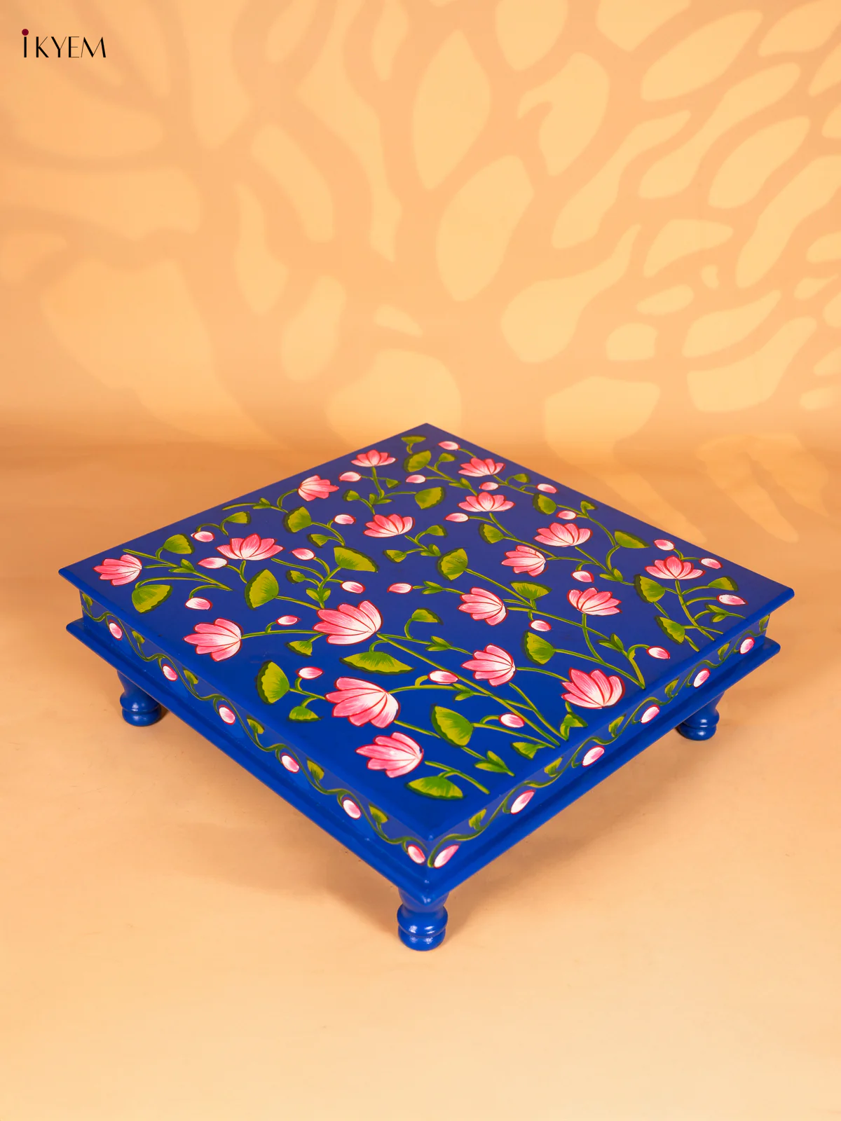 Lotus Hand-Painted Wooden Bajot - Blue - 18 Inches - KN15122