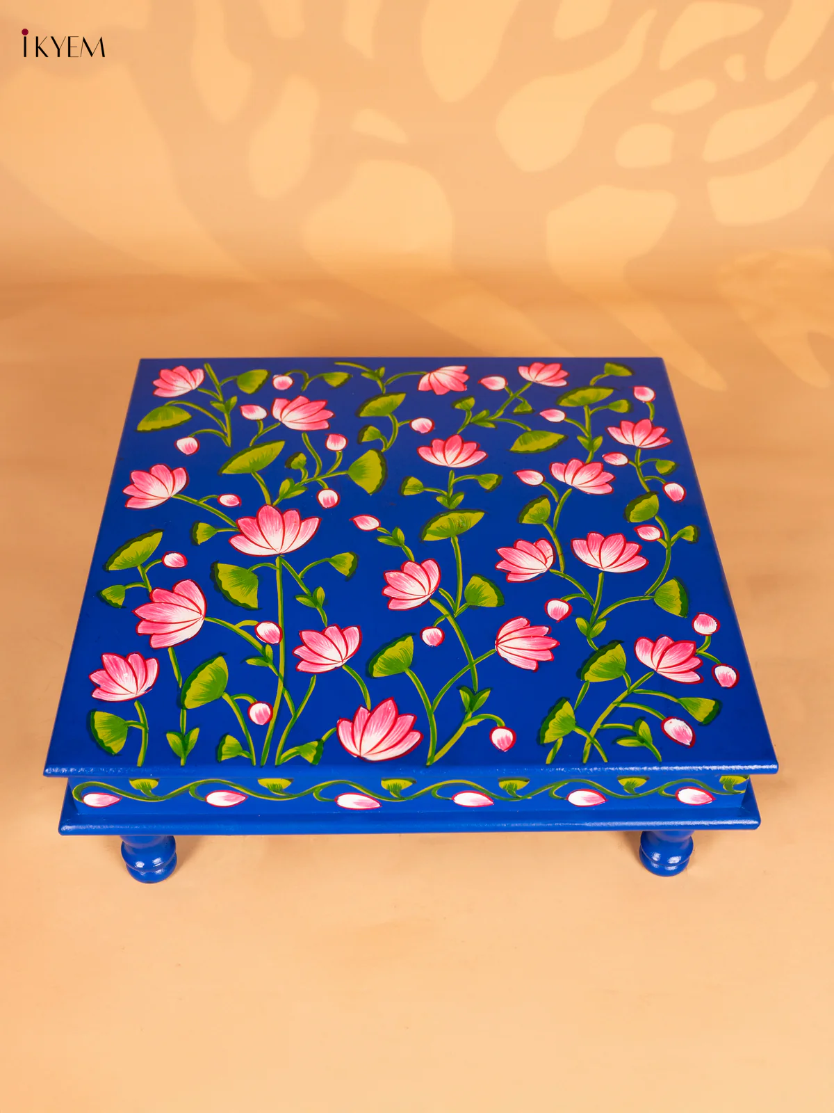 Lotus Hand-Painted Wooden Bajot - Blue - 18 Inches - KN15122 - Image 4