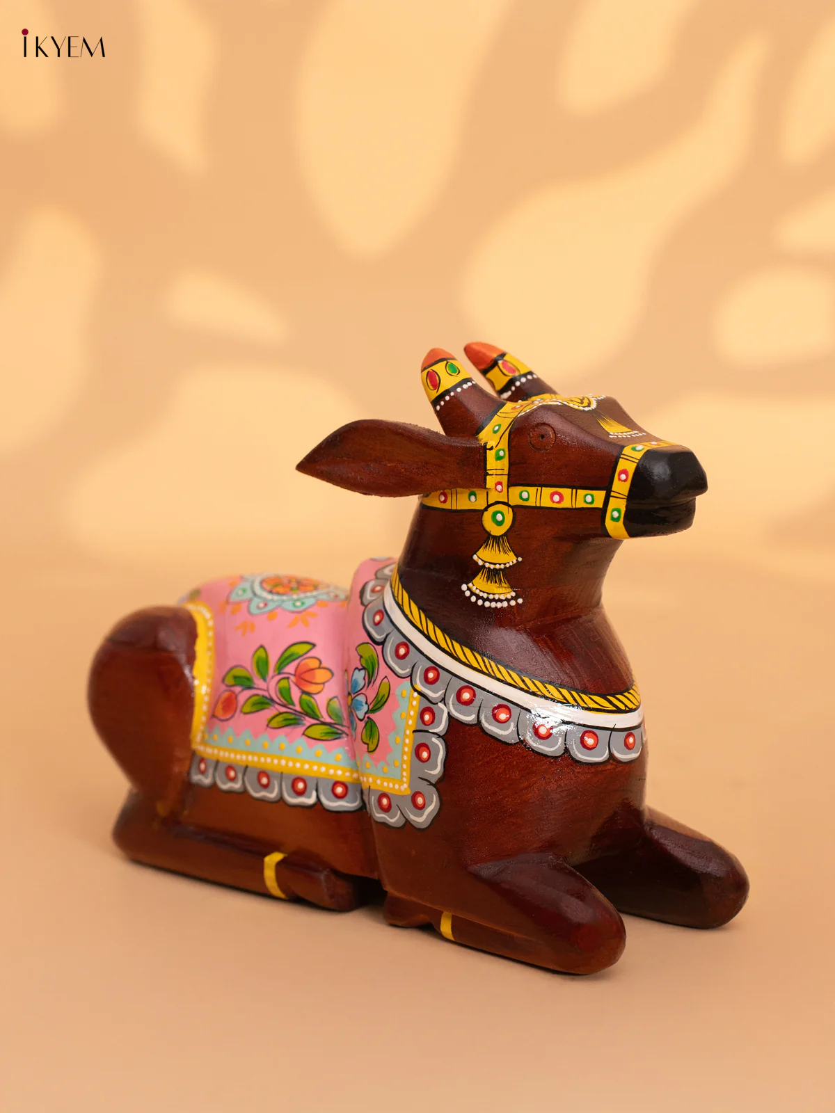 Hand-Painted Wooden Nandhi - Pink - 7 Inch - KN15124 - Image 3