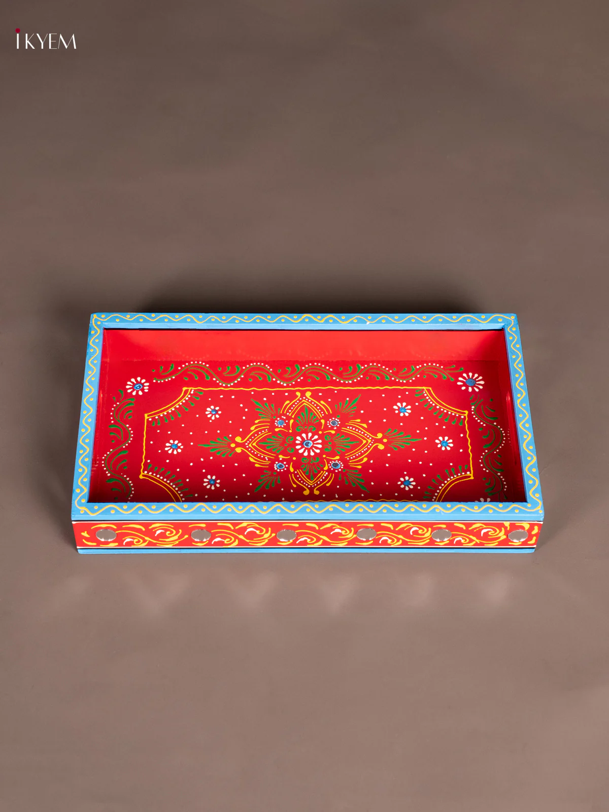 Hand-Painted Wooden Rectangular Tray - Red & Blue - (14×8) Inch - KN17118