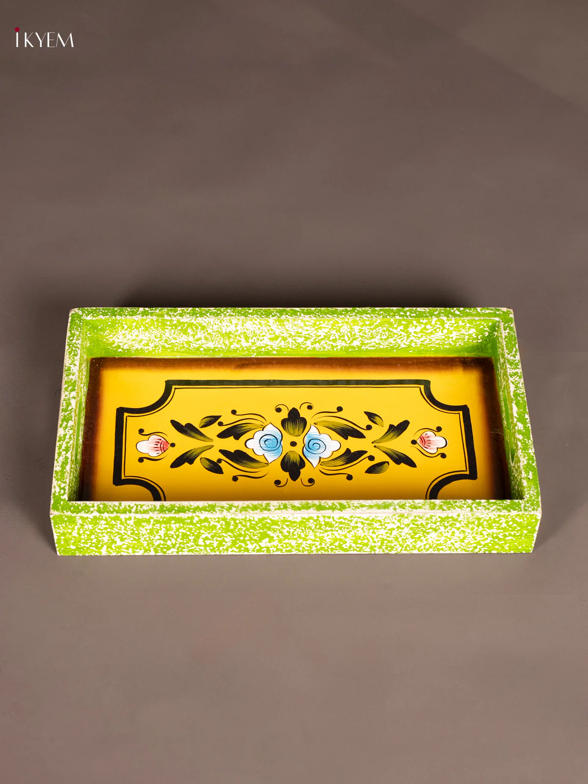Hand-Painted Wooden Rectangular Tray - Green & Yellow - (14×8) Inch - KN17119