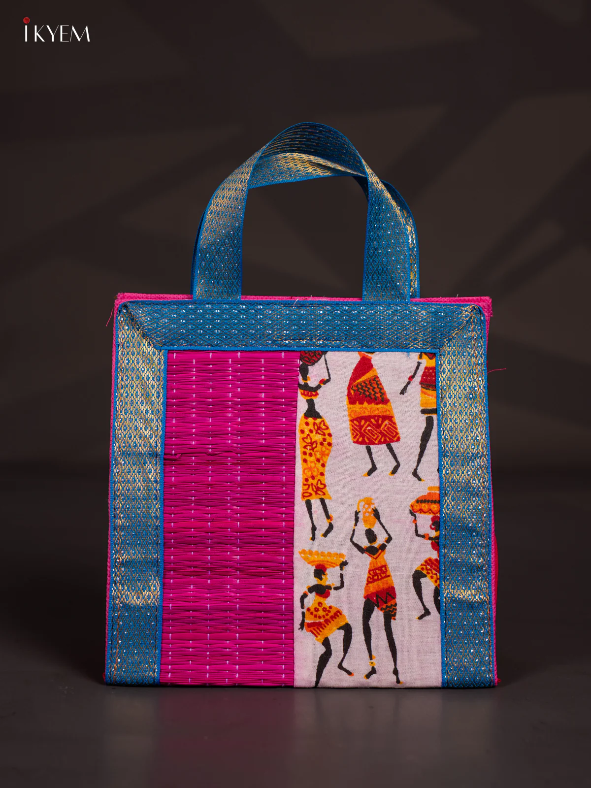 Warli Design Korai Bag With Zari Border - Pink - 9 Inch - KN28116