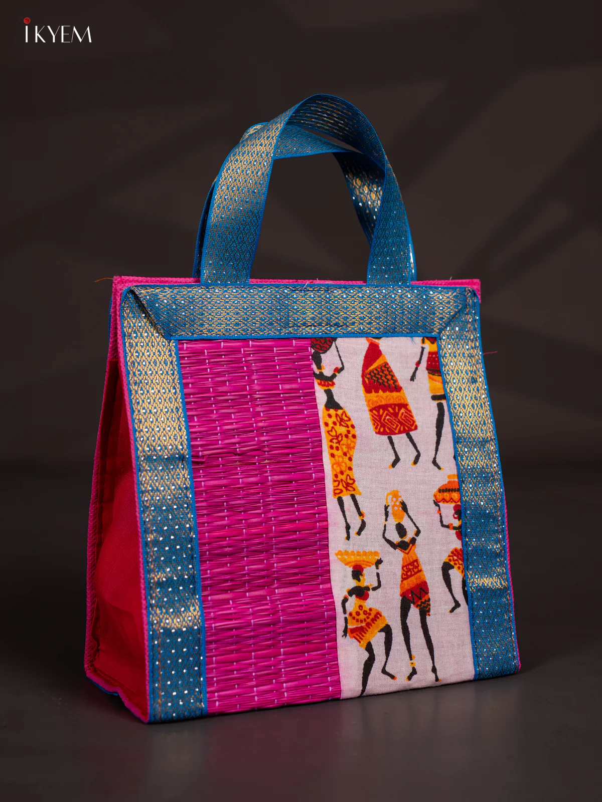 Warli Design Korai Bag With Zari Border - Pink - 9 Inch - KN28116 - Image 2