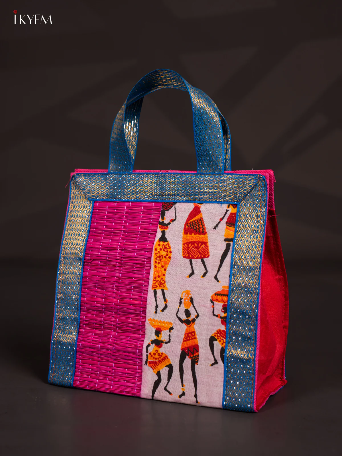 Warli Design Korai Bag With Zari Border - Pink - 9 Inch - KN28116 - Image 3