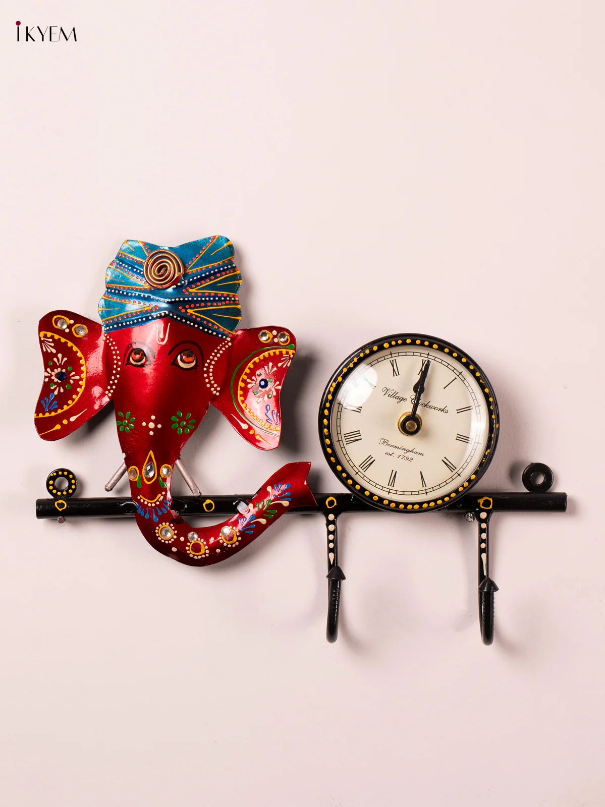 METAL PAINTED WALL GANESH HOOK WITH CLOCK - KN29155
