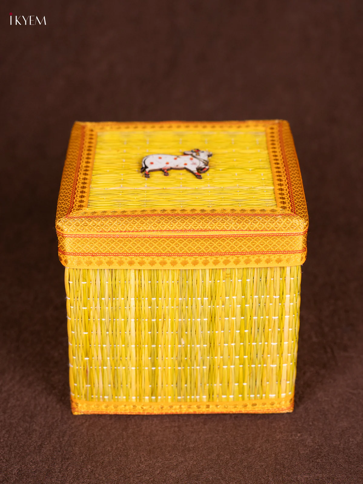 Cow Motif Korai Gift Box with Net Potli - Yellow - 7 Inches - KN30117